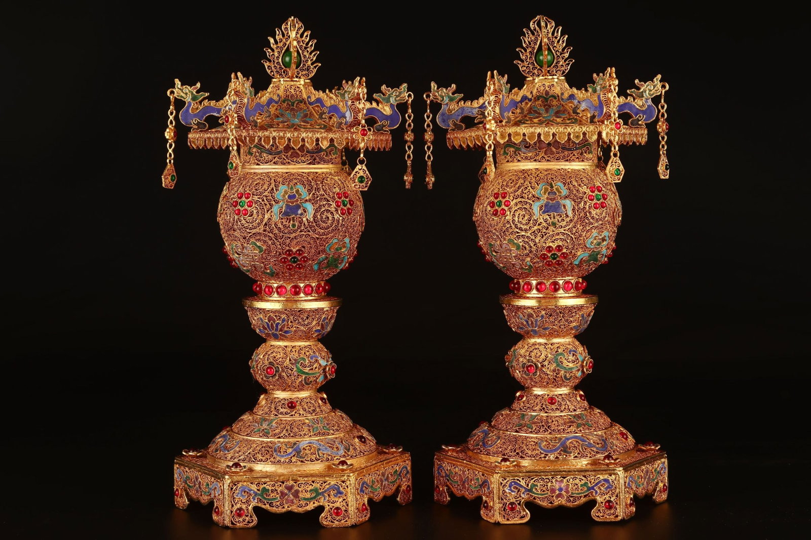 A Pair of Rare Filigree and Gilding Eight Treasures Pattern Ornaments,Inlaid Gems: A Pair of Rare Filigree and Gilding Eight Treasures Pattern Ornaments,Inlaid Gems,Qing Dynasty,China,Qianlong Four-character Mark,Size:11.8inx5.3in,Weight:1744g