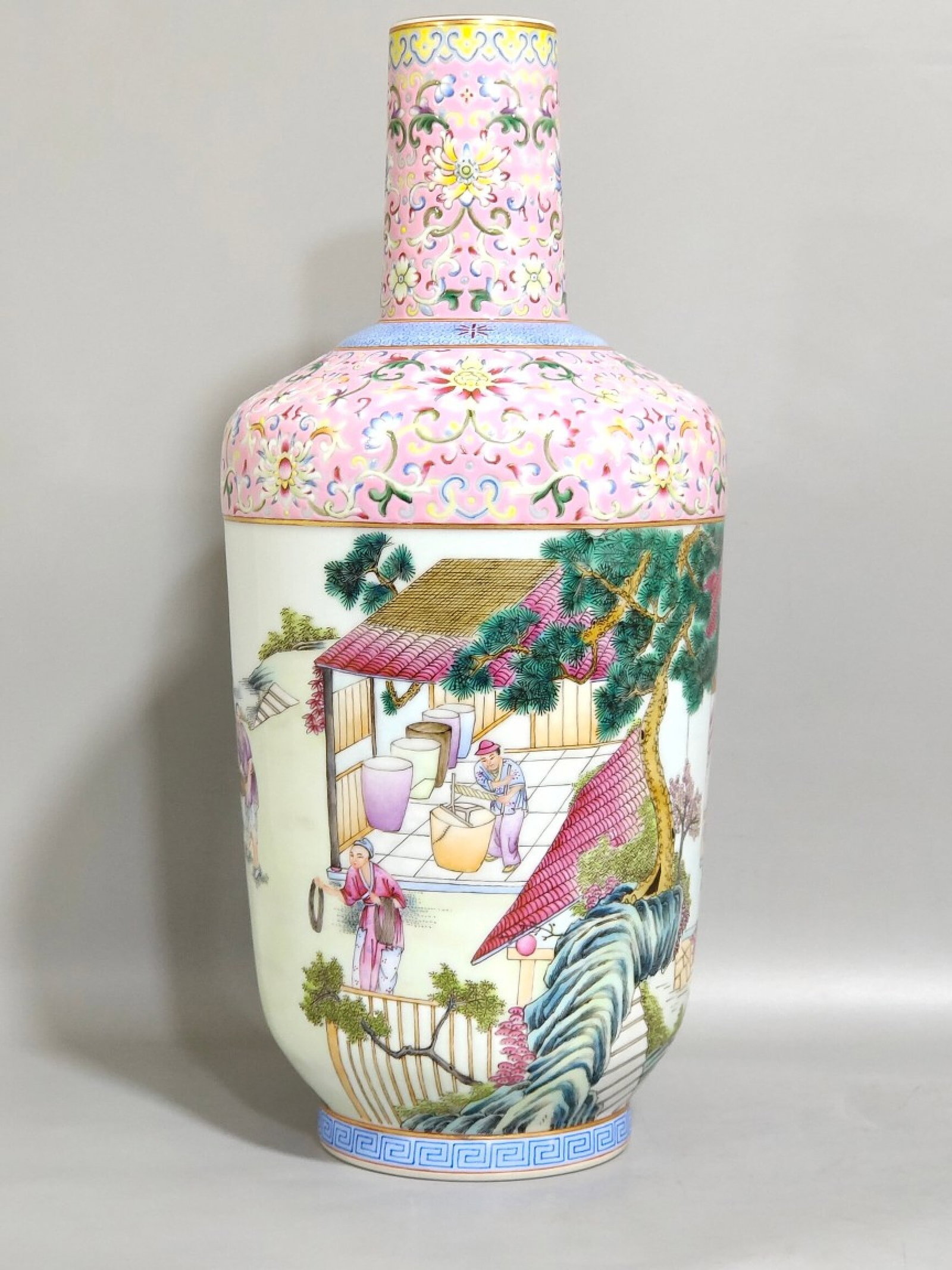 A Rare Pink Ground Famille-Rose Painted Gold Character and Story Pattern Vase: A Rare Pink Ground Famille-Rose Painted Gold Character and Story Pattern Vase,Qing Dynasty,China,Qianlong Six-character Mark,Size:12inx5.3in 粉地粉彩描金人