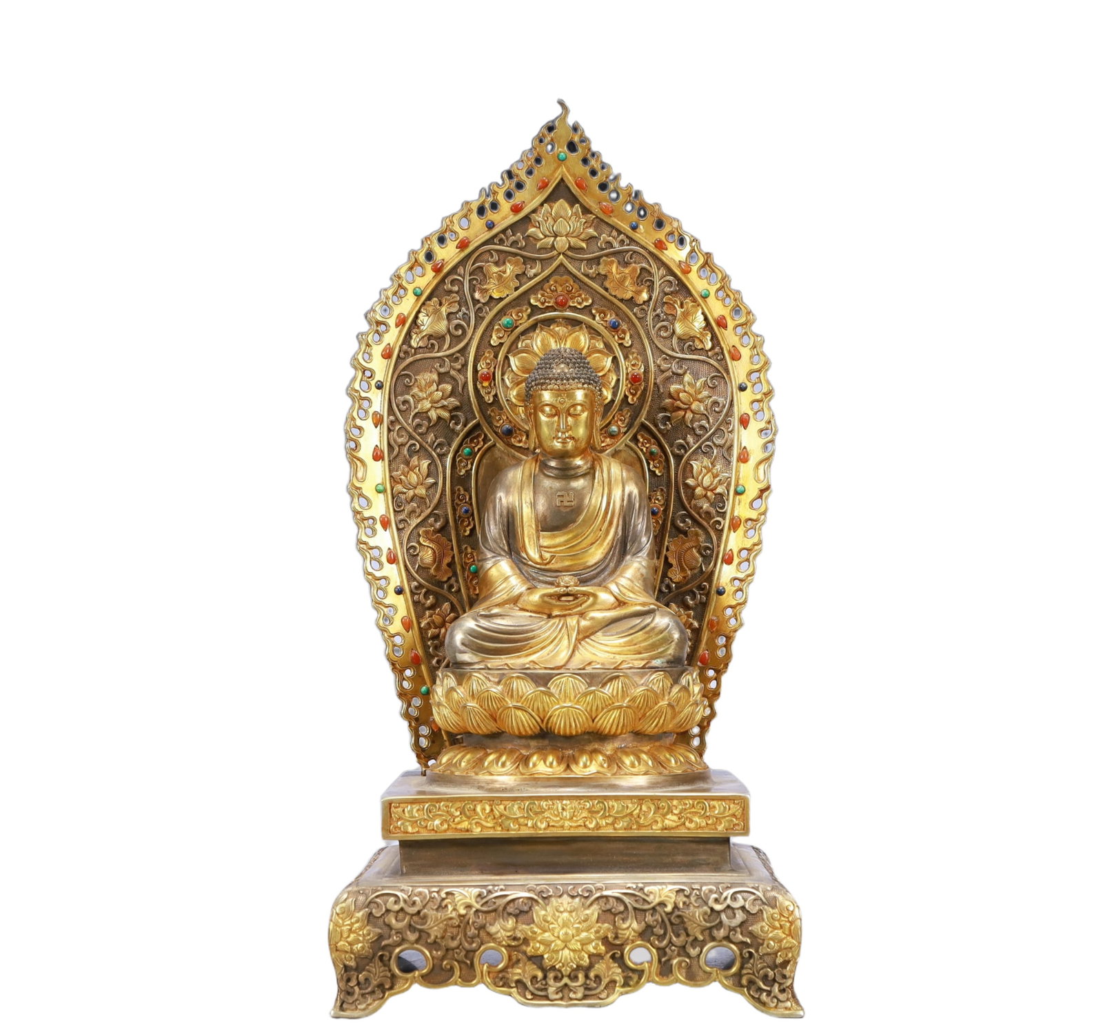 A Rare Gilt Silver Statue of Sakyamuni,Inlaid Gems: A Rare Gilt Silver Statue of Sakyamuni,Inlaid Gems,Ming Dynasty, China,Yongle Six-character Mark,Size:6.3inx5.9inx13in,Weight:2500g