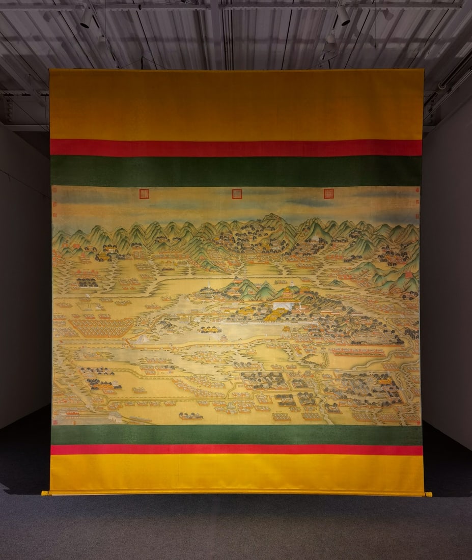 A Chinese Vertical Scroll Ink Painting of Landscape on Silk,Lang Shining: A Chinese Vertical Scroll Ink Painting of Landscape on Silk,Lang Shining,Size:(entirety)134.6inx118.1in,(Without frame)76inx117.3in 一幅中国水墨绢本
