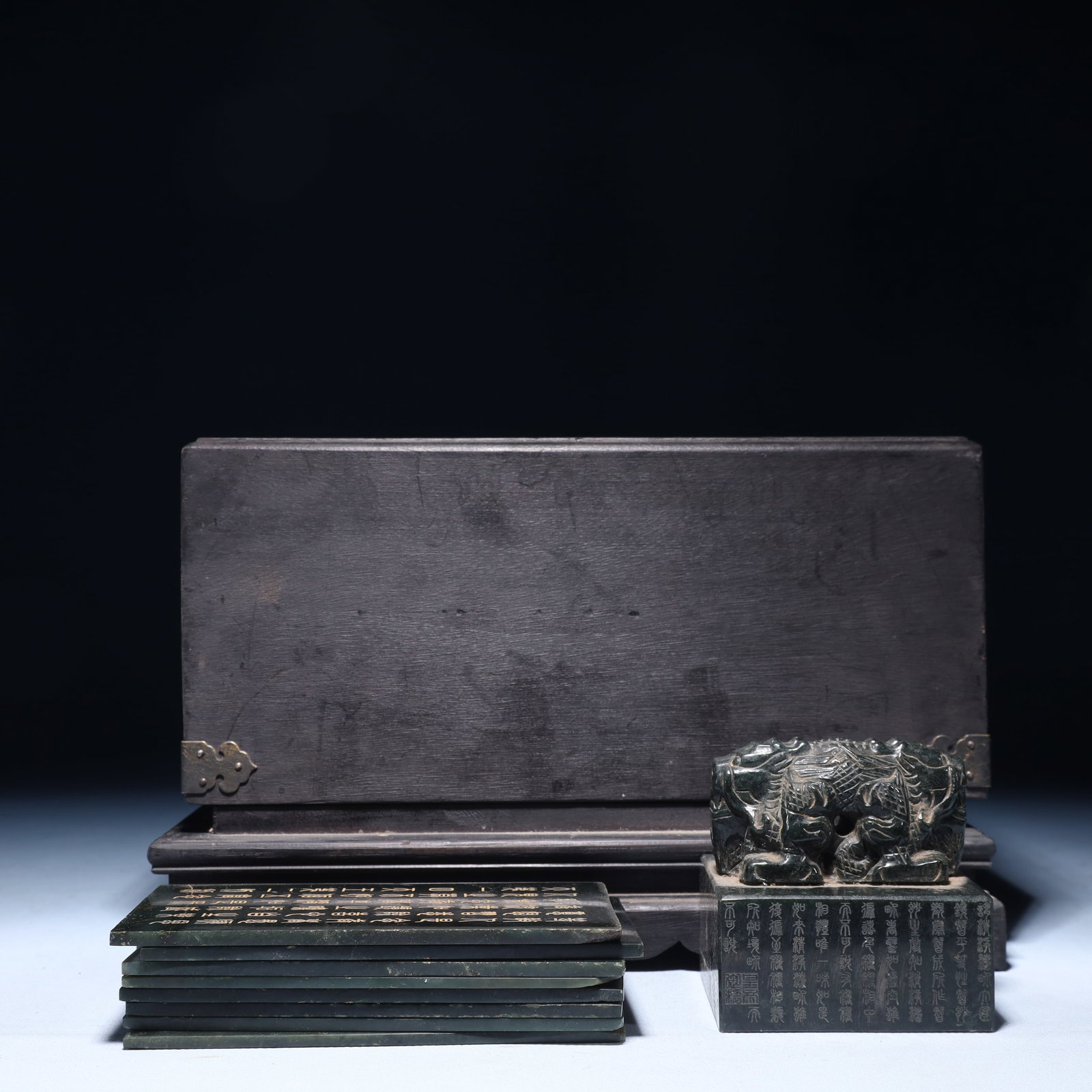 A Set of Fine Jasper Ornaments: A Set of Fine Jasper Ornaments, Qing Dynasty,China, Qianlong Four-character Mark, Size:3inx3.1in,(Box)11inx8.3inx7.1in,Weight:2000g 一套碧玉摆件,中国