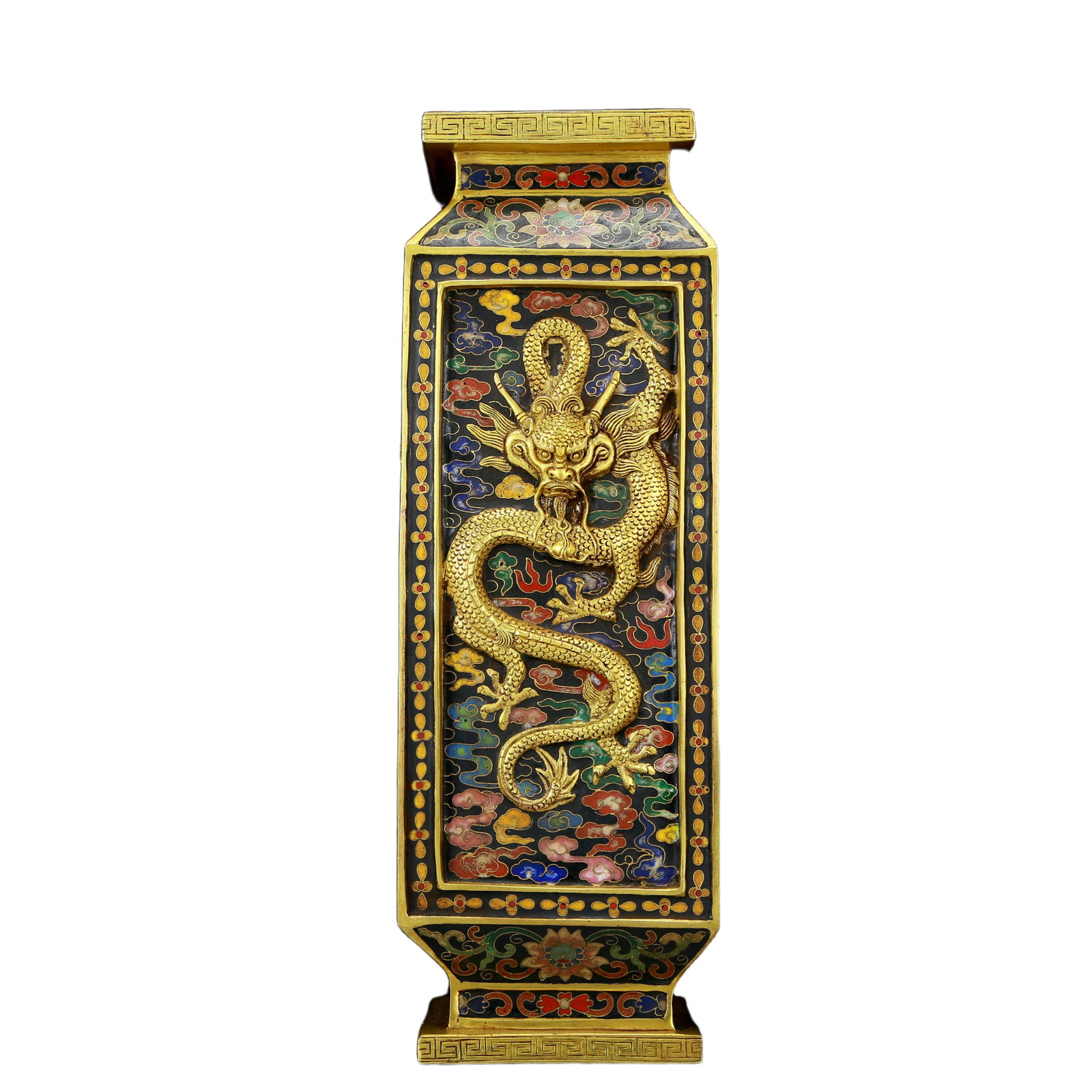 A Brilliant Cloisonne 'Dragon& Auspicious Cloud' Vase: Brilliant Cloisonne 'Dragon& Auspicious Cloud' Vase. Supported on a subtly splayed foot, body cast with scaly, sinuous dragons writhing amidst dense clouds. Chinese Qing Dynasty. Qianlong Four-Charact