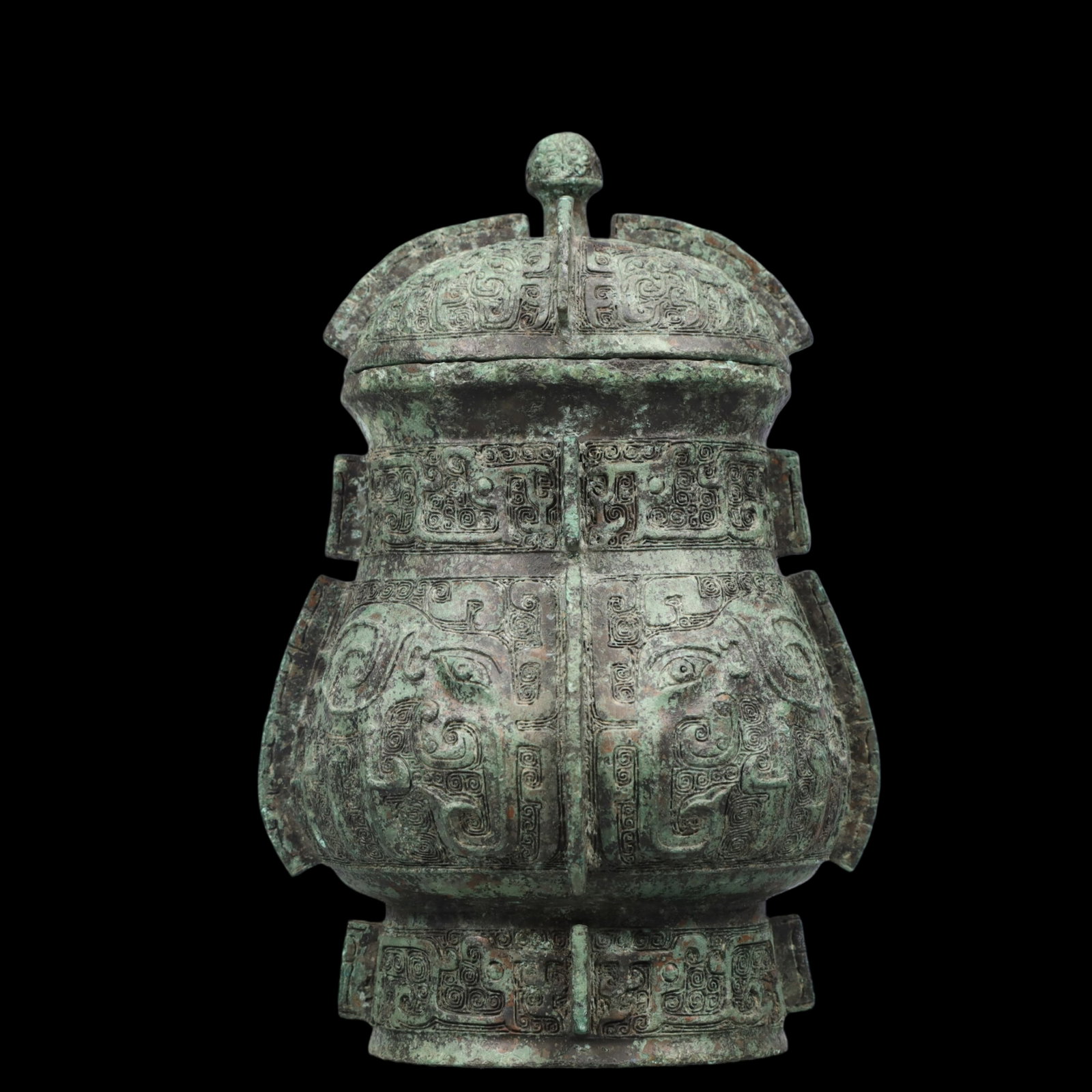 A Precious Bronze Beast-Face Pattern Jar with Cover,With Inscription: A Precious Bronze Beast-Face Pattern Jar with Cover,With Inscription,Ancient Time, China,Size:6.3inx4.7inx9.8in ;Weight: 2150 青铜兽面纹盖罐，带&#
