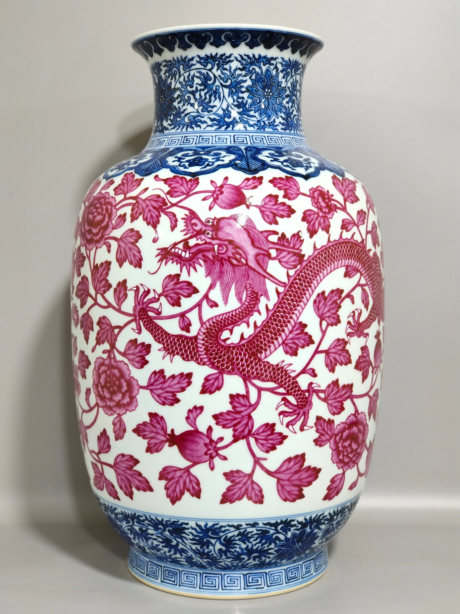 A Huge Blue and White Ruby Red-Glazed Lotus,Dragon and Phoenix Pattern Vase: A Huge Blue and White Ruby Red-Glazed Lotus,Dragon and Phoenix Pattern Vase,Qing Dynasty,China,Qianlong Six-character Mark,Size:15.7inx9.4in 青花胭脂红釉缠