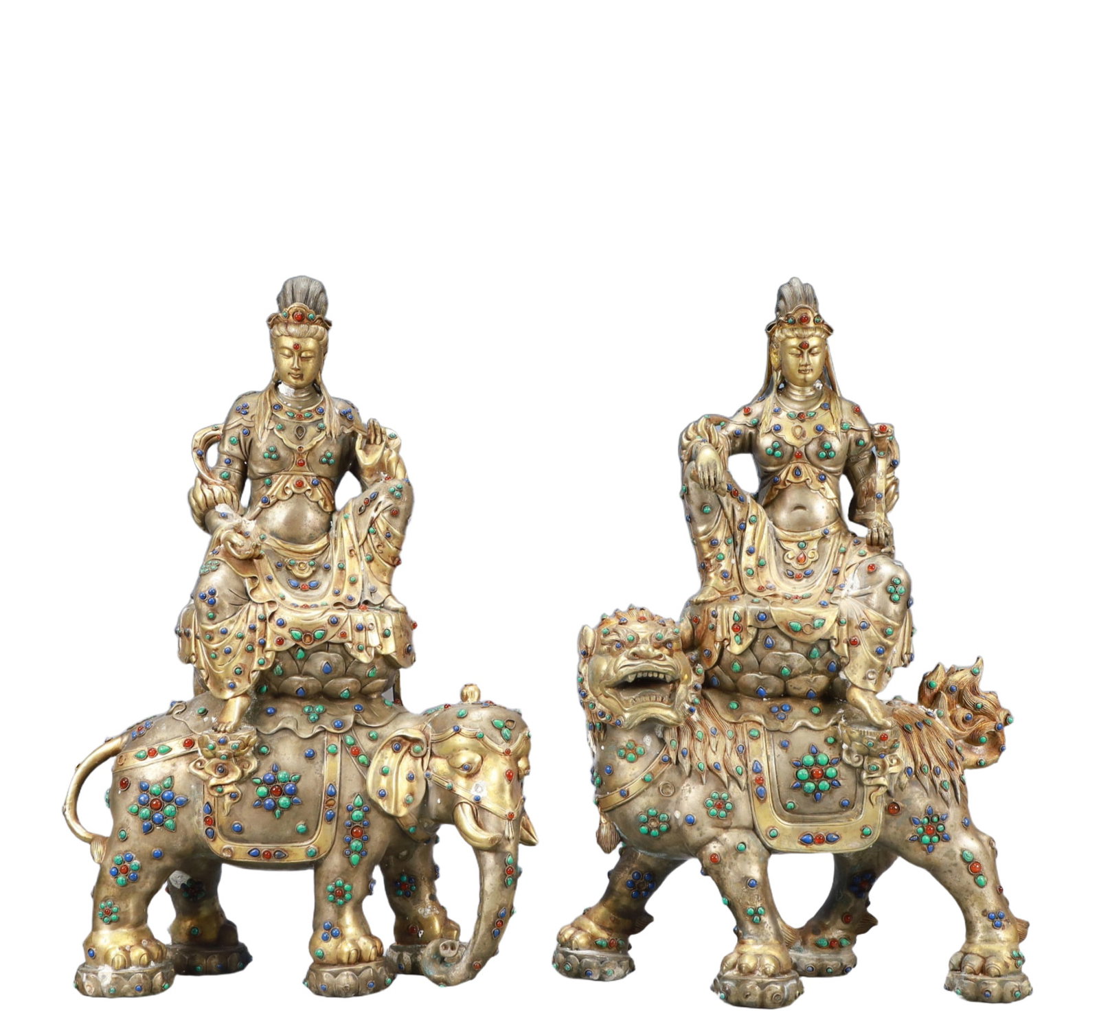 A Pair of Huge Gilt Silver Statue of Bodhisattva,Inlaid Turquoise: A Pair of Huge Gilt Silver Statue of Bodhisattva,Inlaid Turquoise,Tang Dynasty, China,Size:13.4inx6.7inx20.7in,Weight:21700g