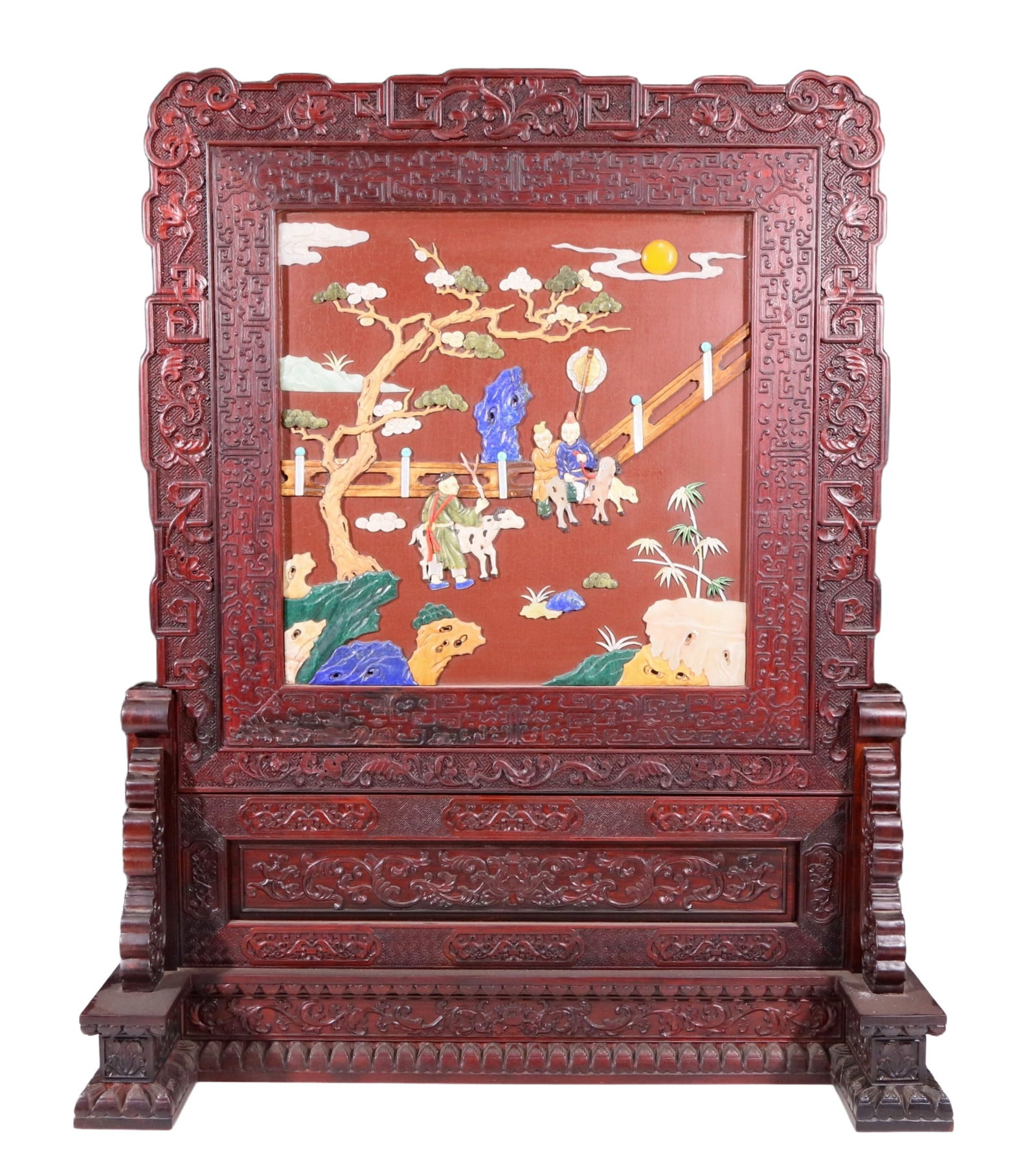 An exquisite huanghuali wood lacquered, gold-embedded, landscape and figure table screen (1 of 18)