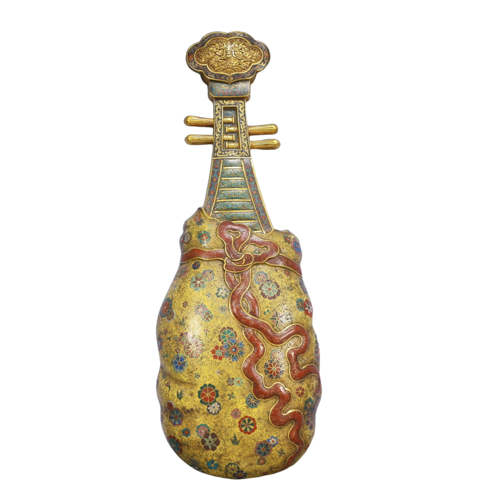 A Huge Cloisonne Flower Pattern Qin Ornament: A Huge Cloisonne Flower Pattern Qin Ornament,Qing Dynasty, China,Qianlong Four-character Mark,Size:6.9inx1.6inx19.7in,Weight:1650g
