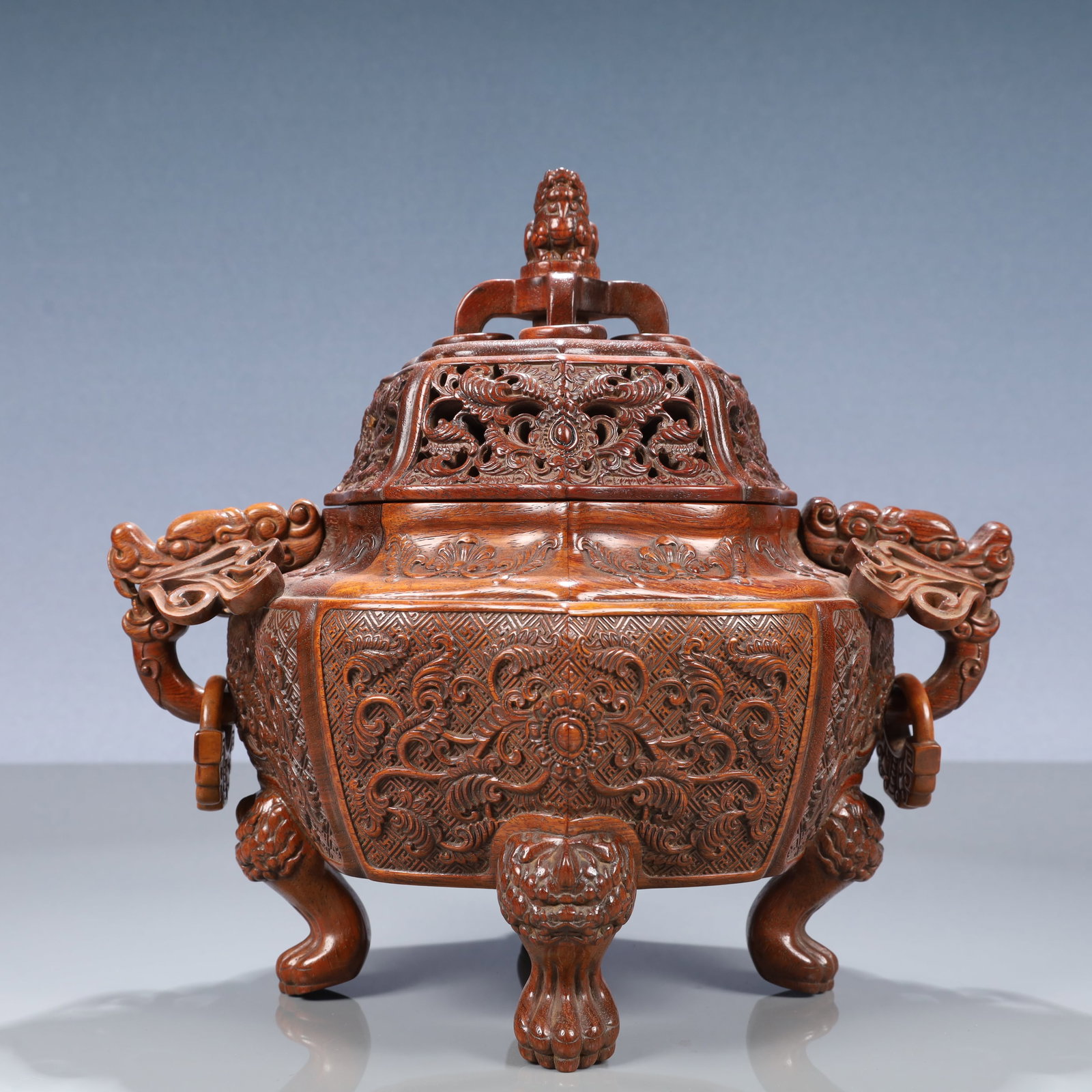 An Exquisite Huanghuali wood Flower Pattern Dragon-Ears Four Legs Censer: An Exquisite Huanghuali wood Flower Pattern Dragon-Ears Four Legs Censer,Qing Dynasty, China,Qianlong Four-character Mark,Size:10.2inx7.5inx9.4in,Weight:1000g