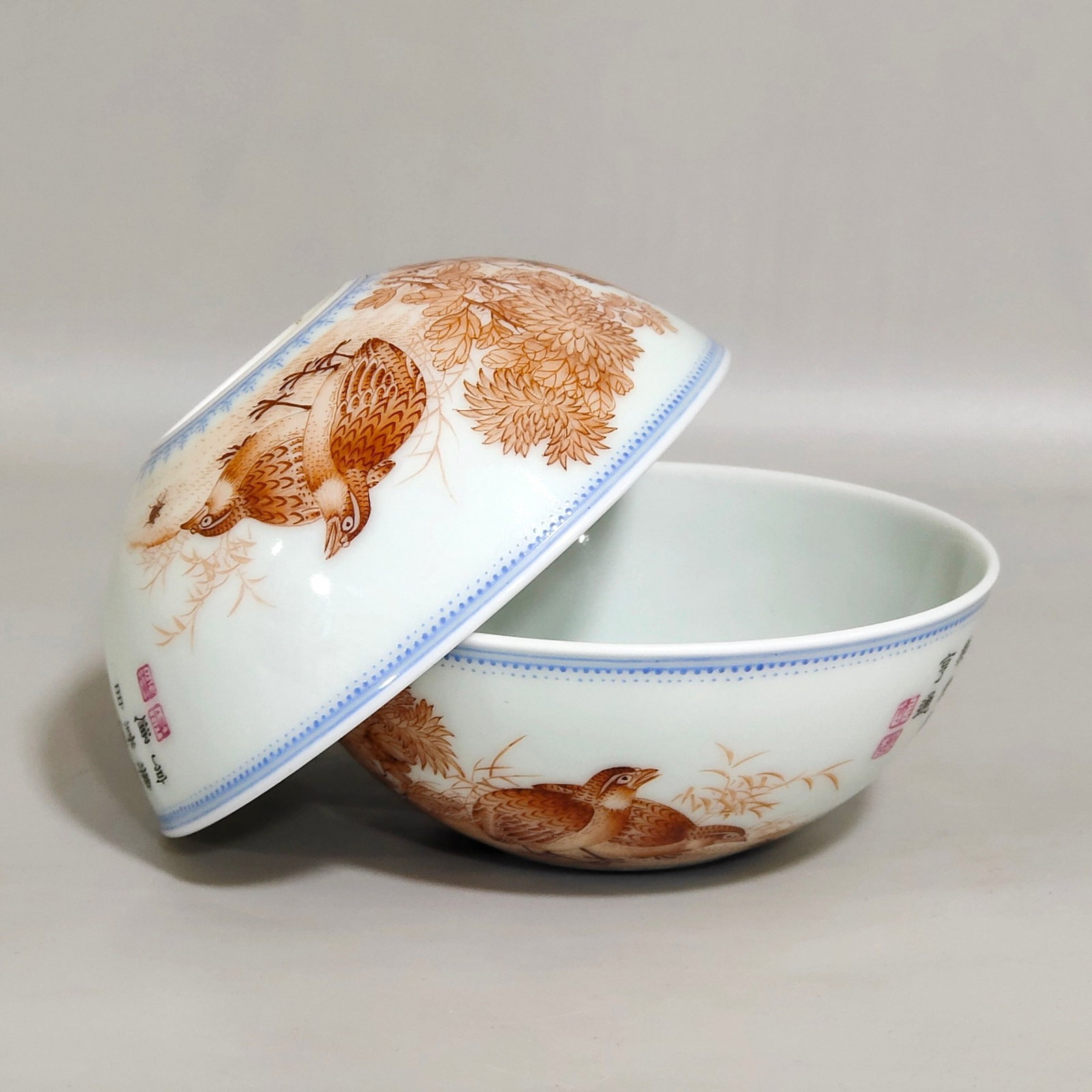 A Pair of Exquisite Ink Color Flower and Bird Pattern Bowls,With Poem: A Pair of Exquisite Ink Color Flower and Bird Pattern Bowls,With Poem,Qing Dynasty,China,Yongzheng Four-character Mark,Size:1.4inx3.6in 一对墨彩花鸟纹碗