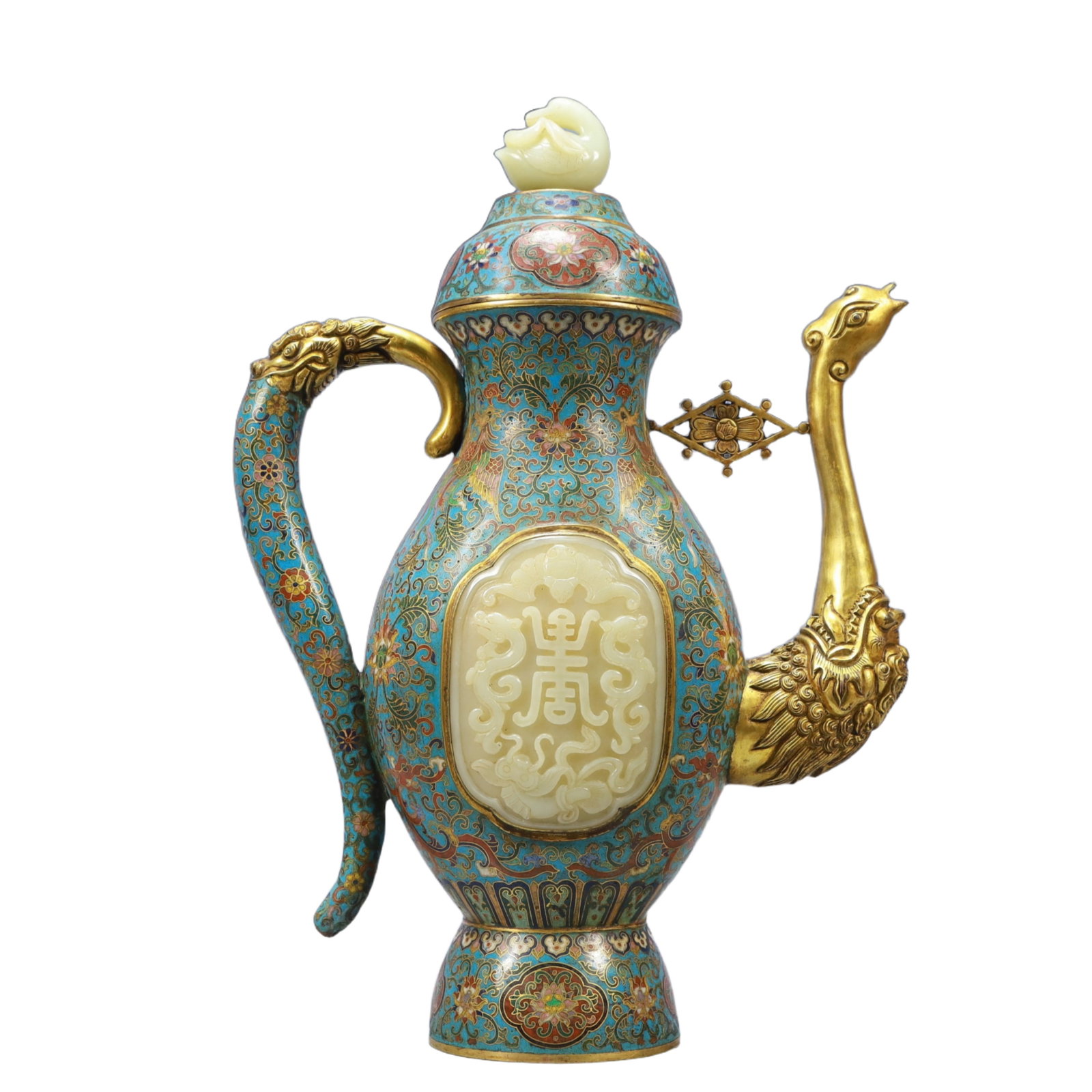 An Exquisite Cloisonne Inlaid White Jade Lotus Pattern Beast-mouse Ewer: An Exquisite Cloisonne Inlaid White Jade Lotus Pattern Beast-mouse Ewer,Qing Dynasty, China,Qianlong Six-character Mark,Size：10.6inx4.7inx15in; Weight：2700g