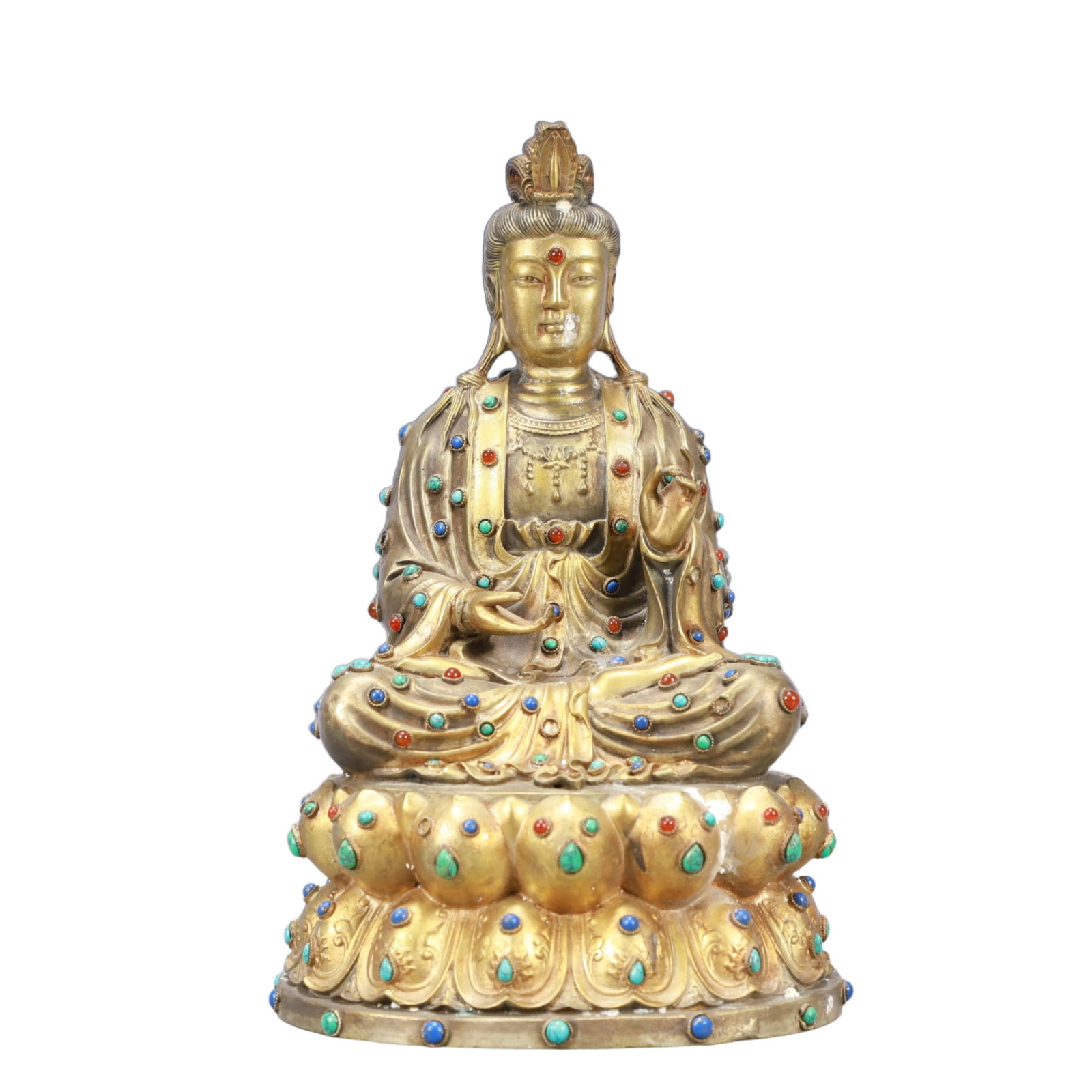 A Rare Gilt Silver Statue of Avalokitesvara,Inlaid Turquoise: A Rare Gilt Silver Statue of Avalokitesvara,Inlaid Turquoise,Tang Dynasty, China,Zhenguan Four-character Mark,Size:6.5inx5.9inx11in,Weight:2500g 银鎏金观音像,॔