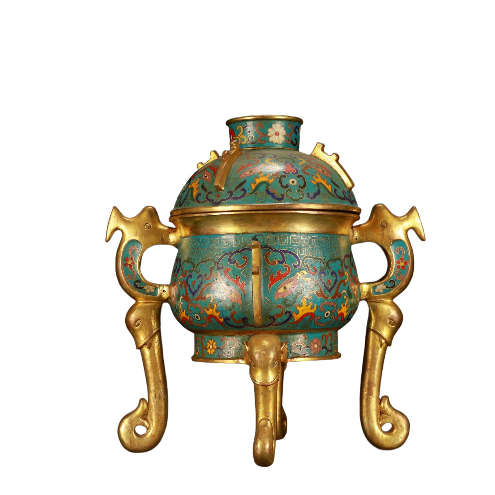 An Exquisite Cloisonne Beast-Face Pattern Fish-Ears Elephant-Legs Censer: An Exquisite Cloisonne Beast-Face Pattern Fish-Ears Elephant-Legs Censer,(A type of enamelware with metal wires separating colored glaze, originating in China),Ming Dynasty,China,Xuande Four-character