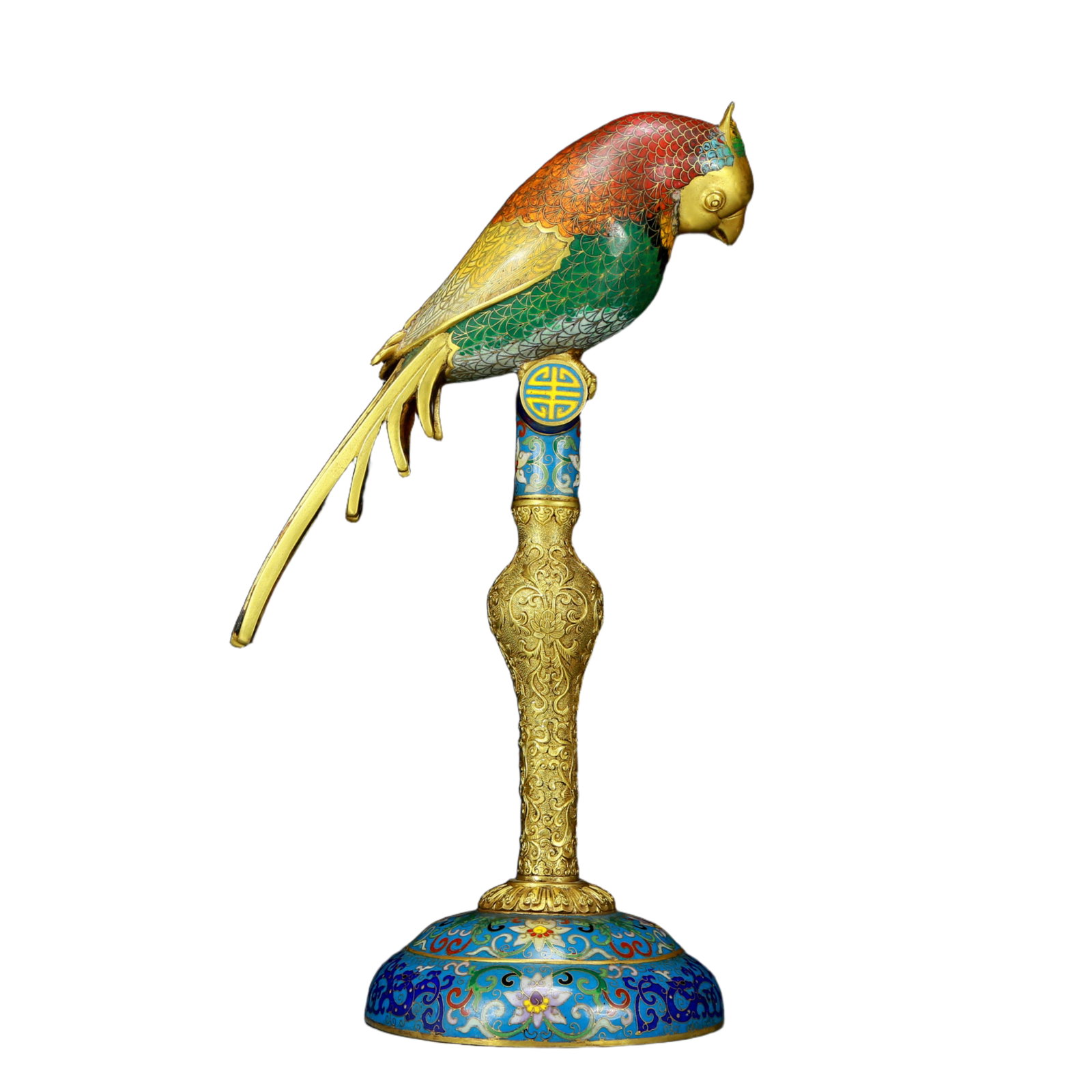 A perfect cloisonn?? parrot ornament: A perfect cloisonné parrot ornament, the application of filigree technology makes the decoration of this collection more delicate and three-dimensional. This collectible is functional as well as