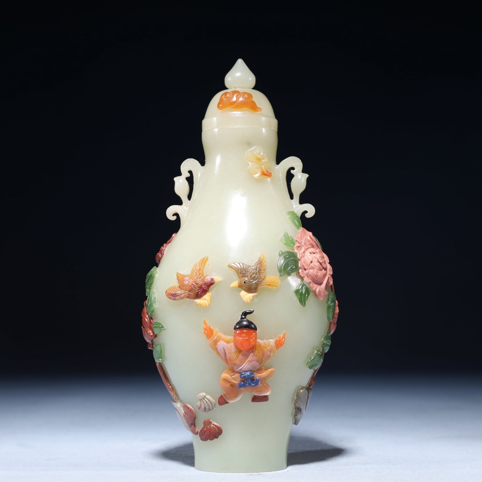An Exquisite White Jade Inlaid Gems Figure and Flower Pattern Double-Ears Vase: An Exquisite White Jade Inlaid Gems Figure and Flower Pattern Double-Ears Vase, Qing Dynasty,China, Qianlong Four-character Mark, Size:3.5inx2.8inx7.1in,Weight:400g