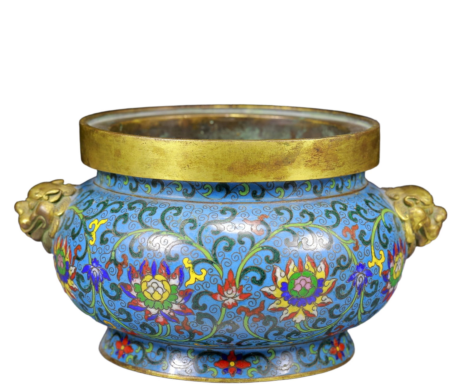 An Exquisite Cloisonne Lotus Pattern Double-Ears Censer: An Exquisite Cloisonne Lotus Pattern Double-Ears Censer,Qing Dynasty, China,Qianlong Four-character Mark,Size:8.7inx6.7inx5.1in,Weight:5390g