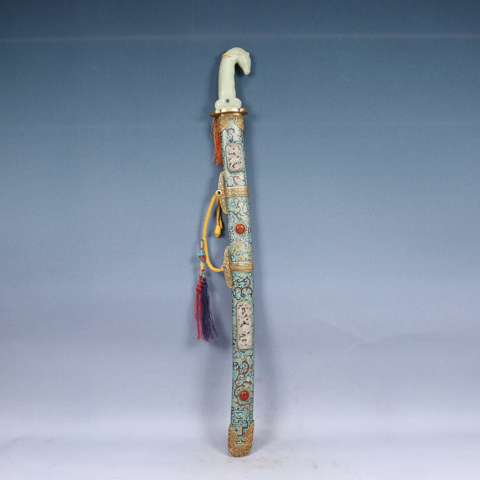 A Huge Cloisonne Inlaid White Jade Dragon Pattern Horse-head Sword: A Huge Cloisonne Inlaid White Jade Dragon Pattern Horse-head Sword,Qing Dynasty, China,Qianlong Four-character Mark,Size:3.1inx2inx35in,Weight:3000g 景泰蓝镶白玉