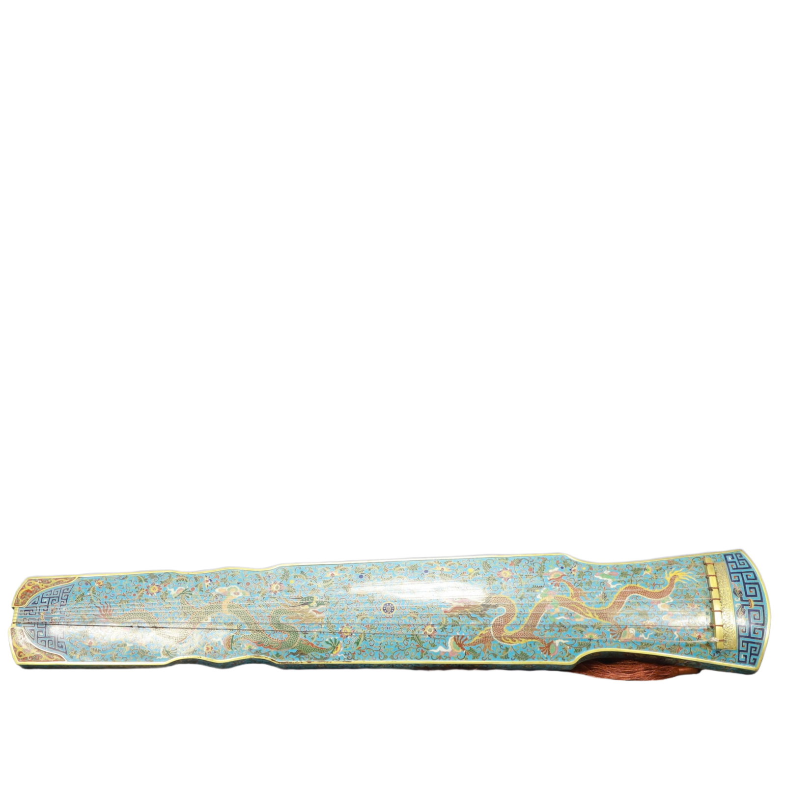 An Exquisite Cloisonne Dragon Pattern 'qin' Ornament: An Exquisite Cloisonne Dragon Pattern 'qin' Ornament,Qing Dynasty, China,Qianlong Four-character Mark,Size:49.2inx7.9inx3.5in,Weight:9650g 景泰蓝龙纹琴摆Ê
