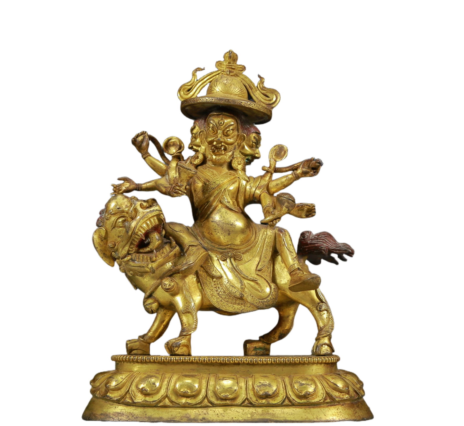 A Solemn Gilt Bronze Lion Riding Buddha Statue: A Solemn Gilt Bronze Lion Riding Buddha Statue,Ming Dynasty, China,Size: 5.7inx3.5inx7.9in,Weight:2080g 铜鎏金骑狮佛像，明代