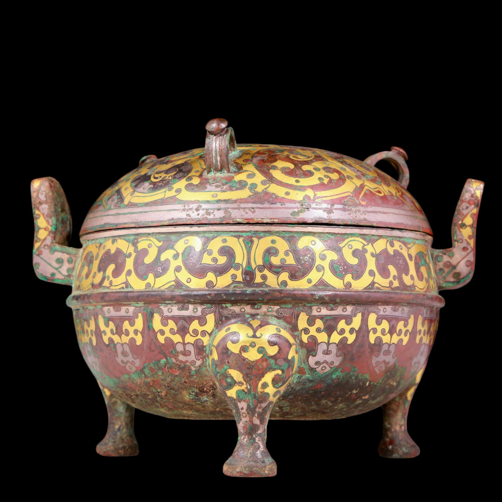 A precious bronze inlaid gold and silver dragon pattern two-eared tripod stove with lid: A precious bronze inlaid gold and silver dragon pattern two-legged stove with lid, ancient times, Size: 8.7inx6.3in, Weight: 2555g 铜嵌金银龙纹双耳Ç
