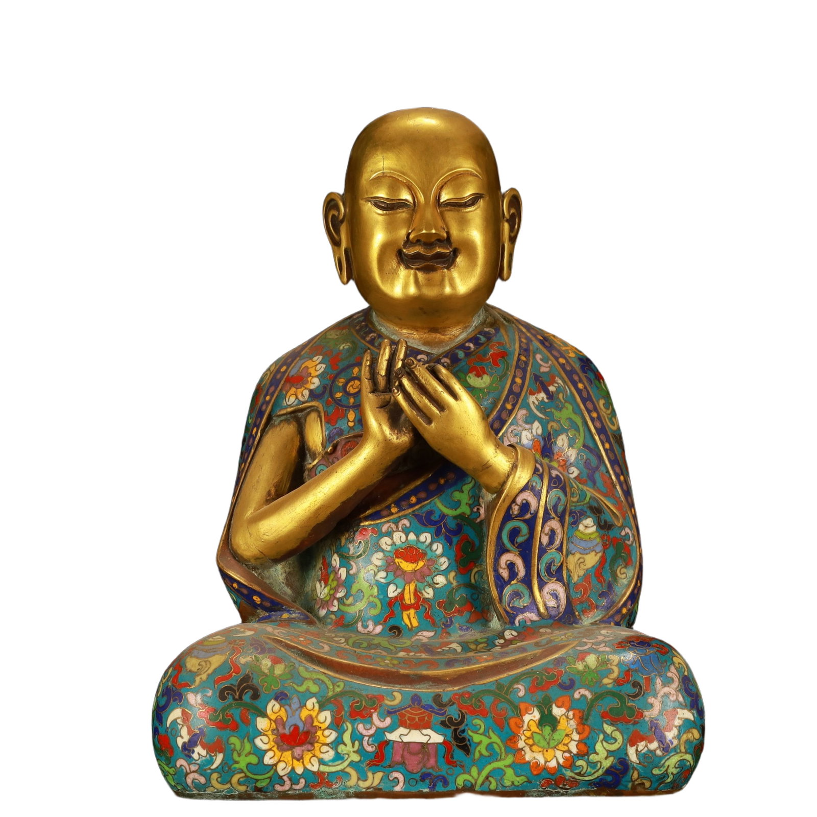 An Exquisite Cloisonne Lotus Pattern Statue of Arhat: An Exquisite Cloisonne Lotus Pattern Statue of Arhat,(A type of enamelware with metal wires separating colored glaze, originating in China),Qing Dynasty,China,Size:7.1inx4.3inx10.2in,Weight:3100g 