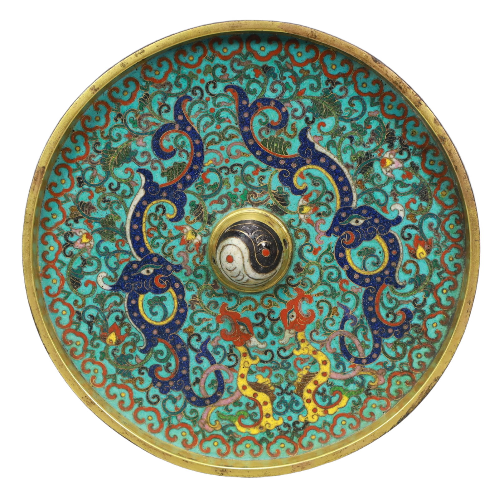 An Exquisite Cloisonne Lotus and Phoenix Pattern Mirror: An Exquisite Cloisonne Lotus and Phoenix Pattern Mirror ,Qing Dynasty, China,Size：7.5inx1.4in; Weight：1350g