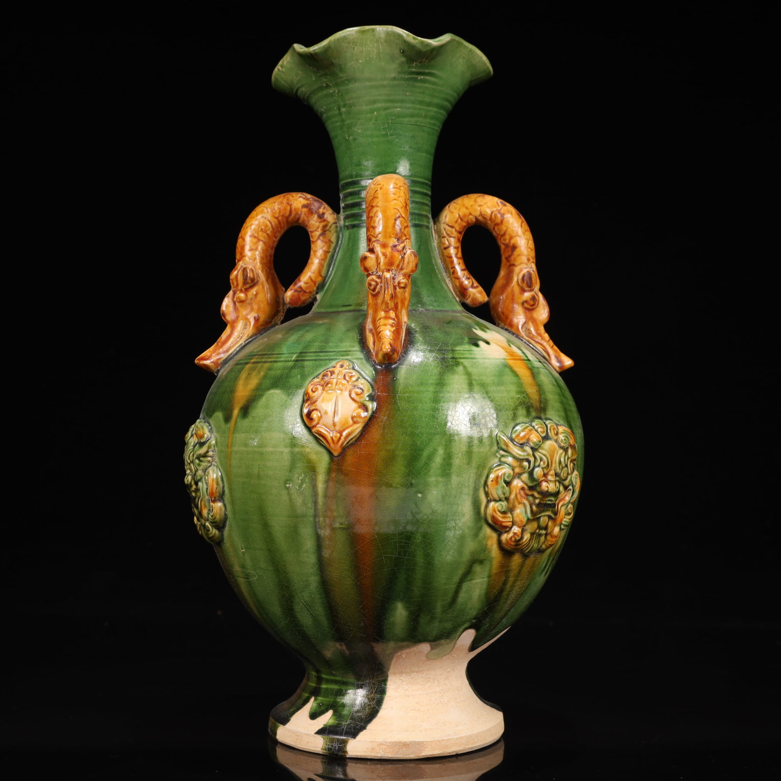 A Rare Tang Tri-Color Glazed Pottery Beast-Face Pattern Dragon-Ears Vase: A Rare Tang Tri-Color Glazed Pottery Beast-Face Pattern Dragon-Ears Vase,Tang Dynasty, China,Size:7.1inx7.1inx11.8in,Weight:1550g