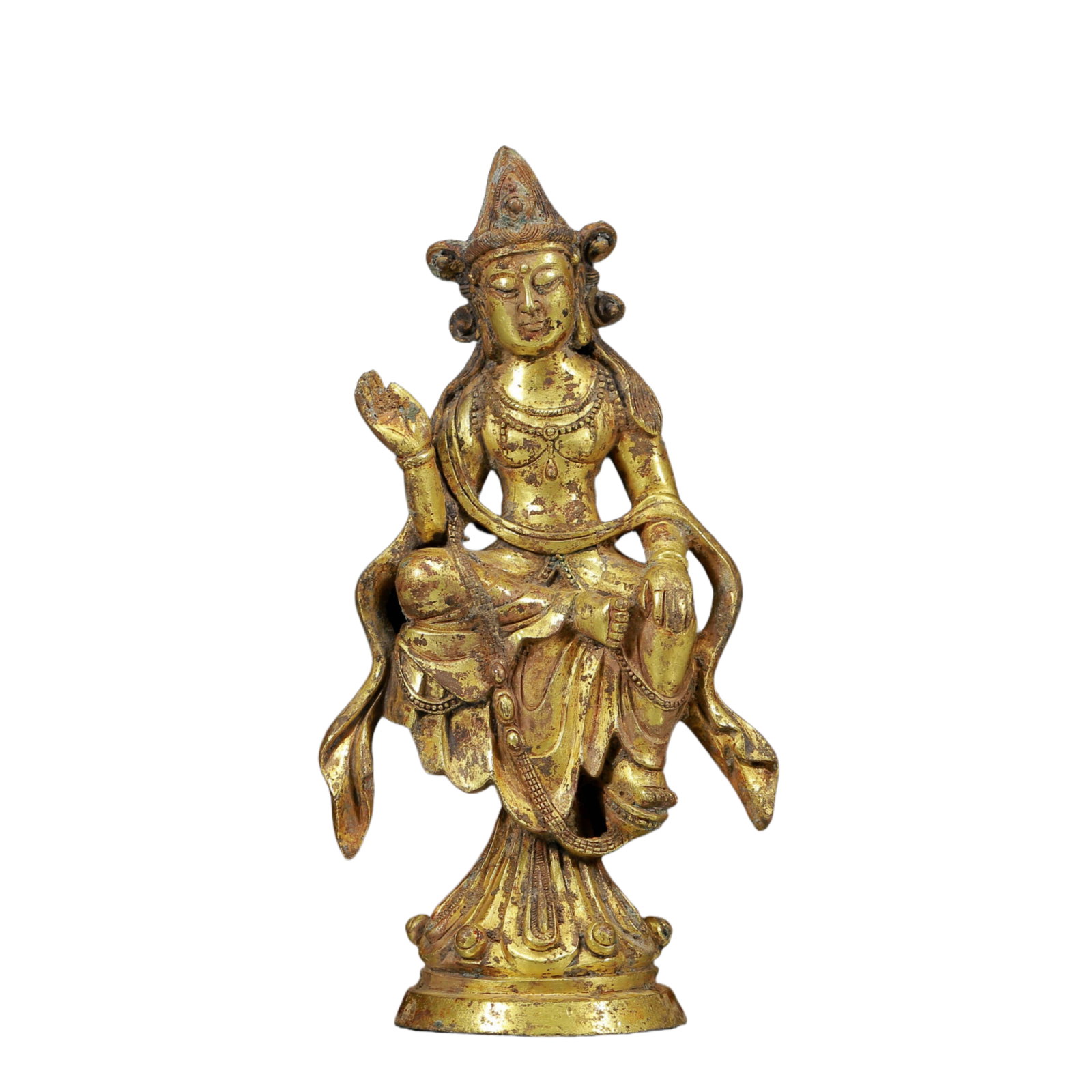 A Solemn Gilt Bronze Statue of Avalokitesvara: A Solemn Gilt Bronze Statue of Avalokitesvara,Ming Dynasty, China,Size: 3.1inx2inx6.1in,Weight:615g 铜鎏金观音像，明代