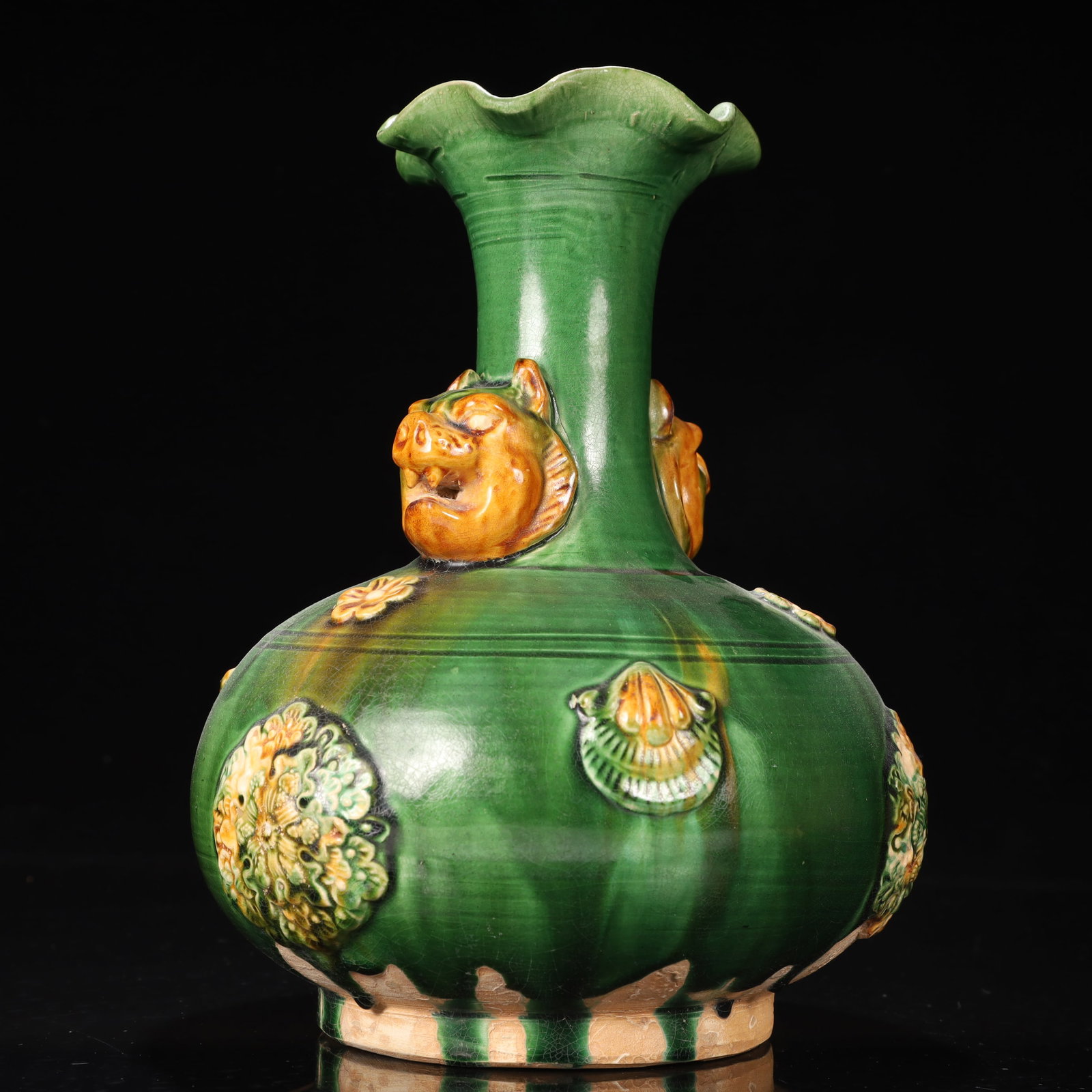 An Exquisite Tang Tri-Color Glazed Pottery Flower Pattern Beast-Ears Vase - 10