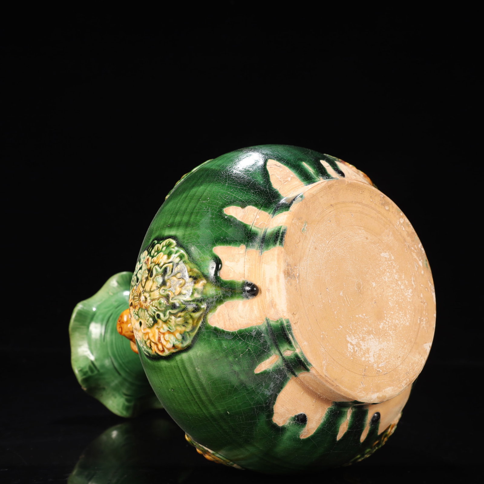An Exquisite Tang Tri-Color Glazed Pottery Flower Pattern Beast-Ears Vase - 12