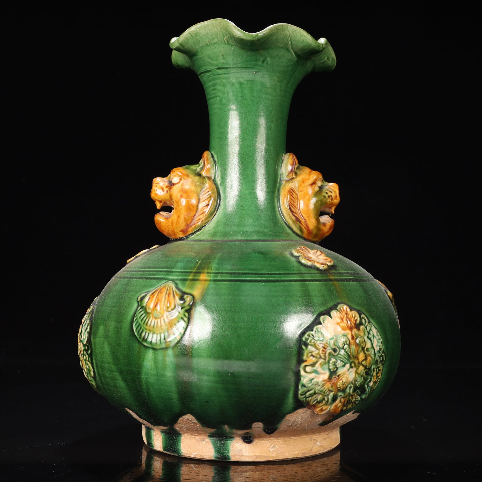 An Exquisite Tang Tri-Color Glazed Pottery Flower Pattern Beast-Ears Vase (1 of 12)