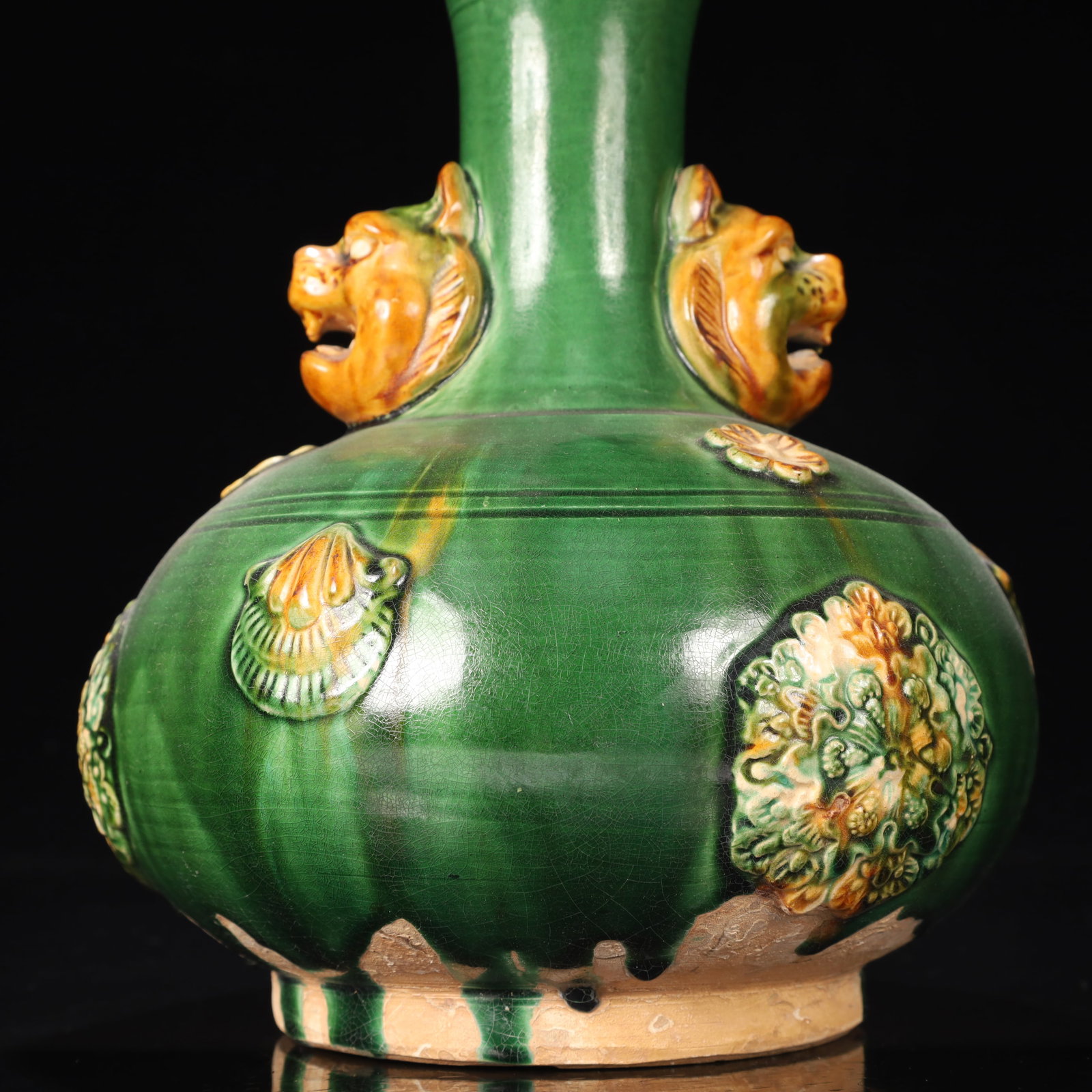 An Exquisite Tang Tri-Color Glazed Pottery Flower Pattern Beast-Ears Vase - 3