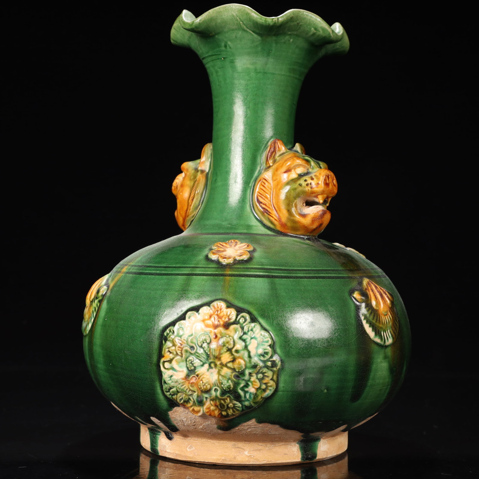 An Exquisite Tang Tri-Color Glazed Pottery Flower Pattern Beast-Ears Vase - 4