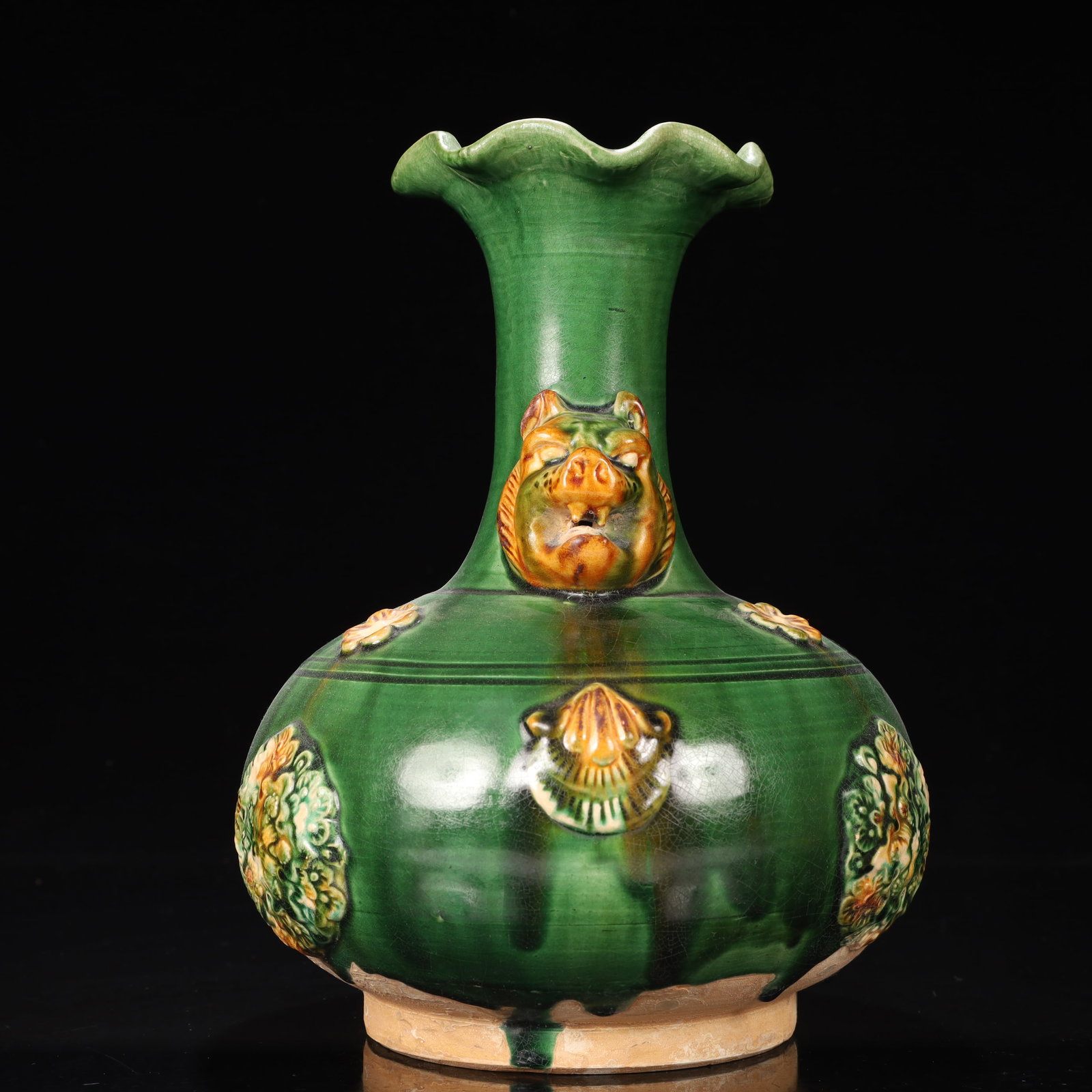 An Exquisite Tang Tri-Color Glazed Pottery Flower Pattern Beast-Ears Vase - 5