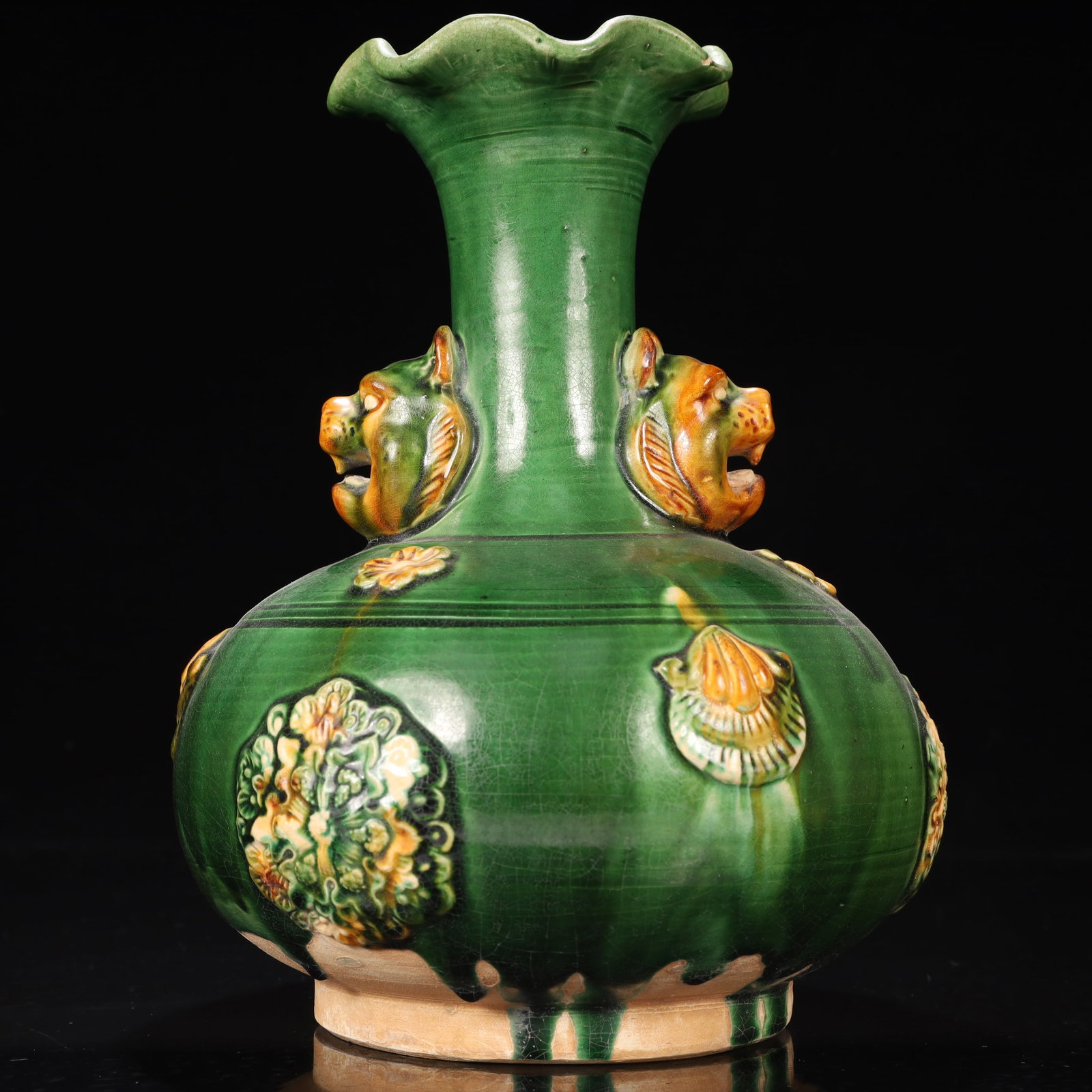 An Exquisite Tang Tri-Color Glazed Pottery Flower Pattern Beast-Ears Vase - 7