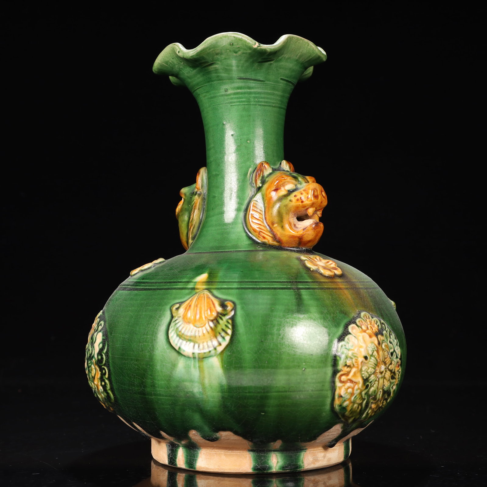 An Exquisite Tang Tri-Color Glazed Pottery Flower Pattern Beast-Ears Vase - 8