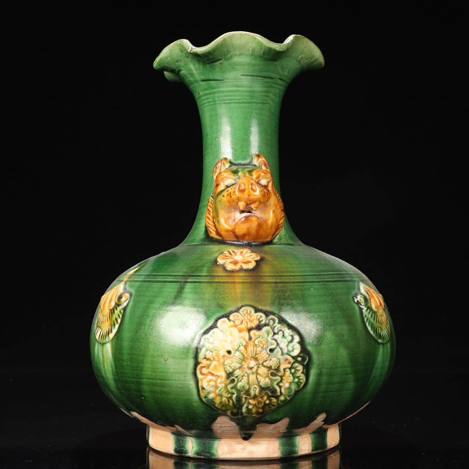 An Exquisite Tang Tri-Color Glazed Pottery Flower Pattern Beast-Ears Vase - 9