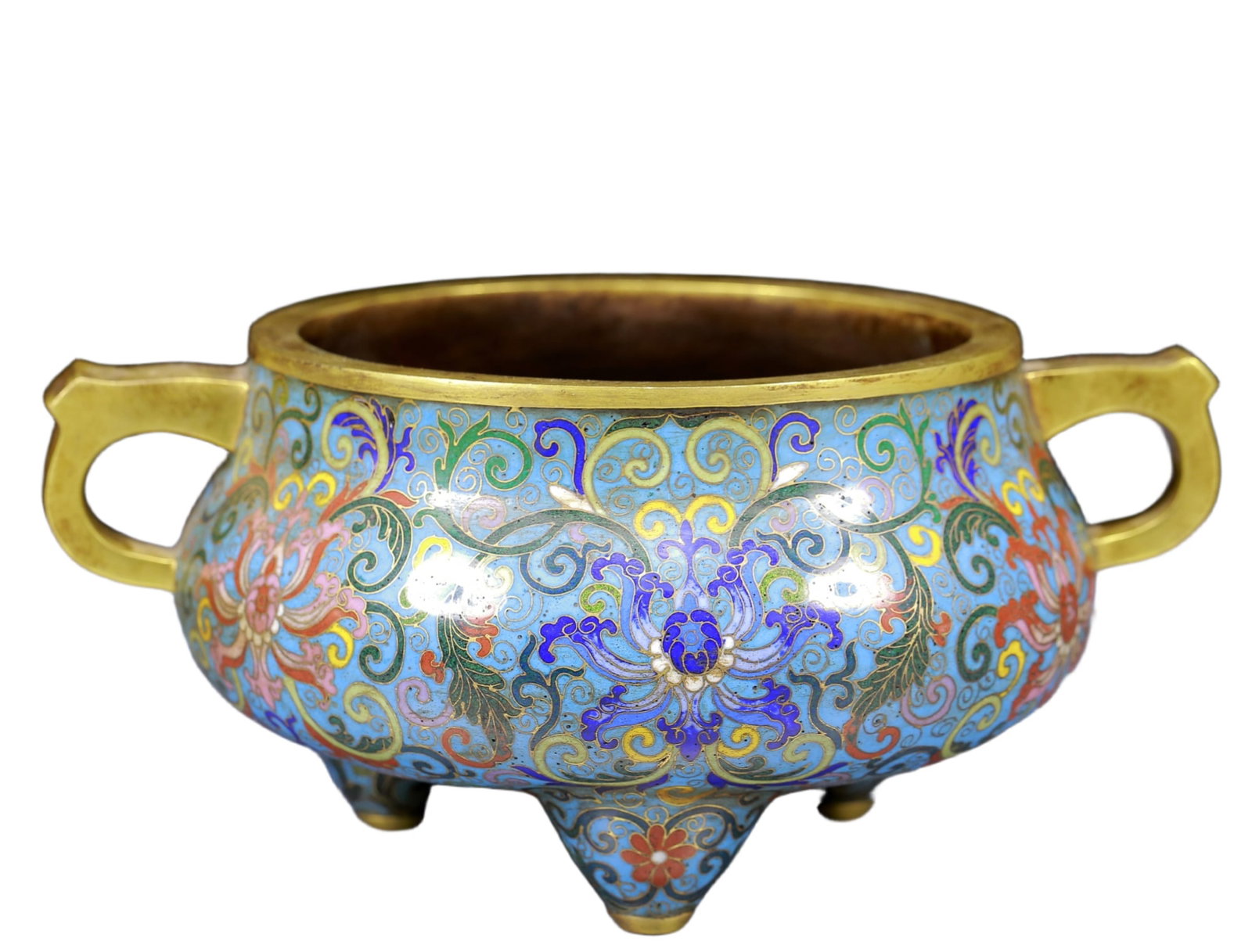 An Exquisite Cloisonne Lotus Pattern Double-Ears Censer: An Exquisite Cloisonne Lotus Pattern Double-Ears Censer,Qing Dynasty, China,Qianlong Four-character Mark,Size:9.1inx7.1inx4.5in,Weight:2485g