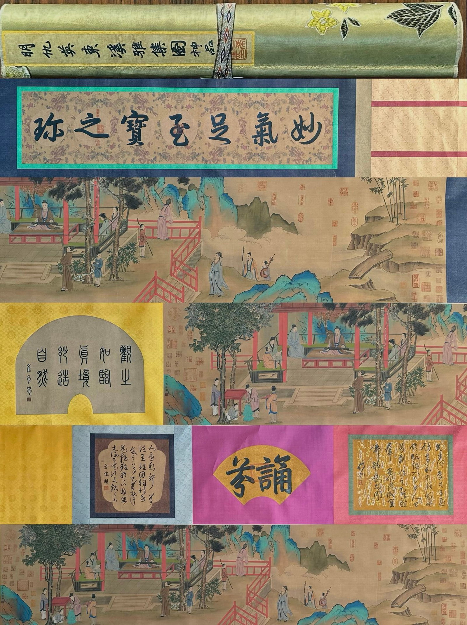 A Chinese Hand Scroll Ink Painting of Landscape and Figure on Silk,Chou Ying: A Chinese Hand Scroll Ink Painting of Landscape and Figure on Silk,Chou Ying,Size:17.7inx276.4in