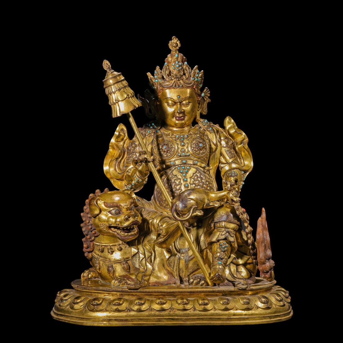 A Solemn Gilt Bronze Statue of Heavenly King,Inlaid Turquoise: A Solemn Gilt Bronze Statue of Heavenly King,Inlaid Turquoise,Ming Dynasty,China,Size:22inx12.6inx25.6in,Weight:27800g 铜鎏金天王像,嵌绿松石