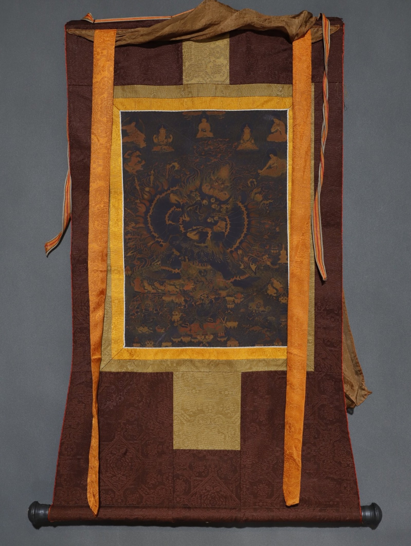 A Rare Brocade Painted Color Statue of Yamantaka Tangka: A Rare Brocade Painted Color Statue of Yamantaka Tangka,Qing Dynasty, China,Size:34.6inx18.1in,(Without frame)16.5inx11in 织锦彩绘大威德金刚ࠔ