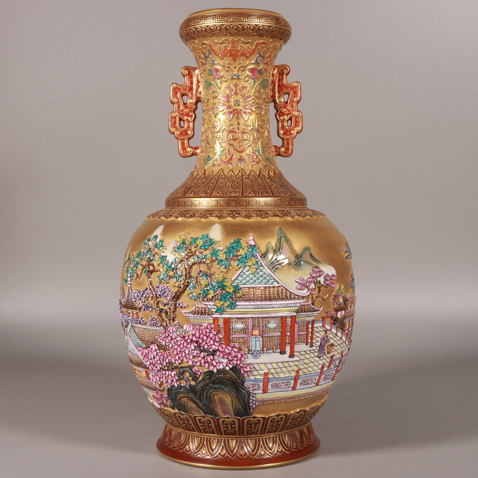 A Rare Gold Ground Enamel Landscape and Figure Pattern Double-Ears Vase: A Rare Gold Ground Enamel Landscape and Figure Pattern Double-Ears Vase,Qing Dynasty,China,Qianlong Six-character Mark,Size:12.6inx11in
