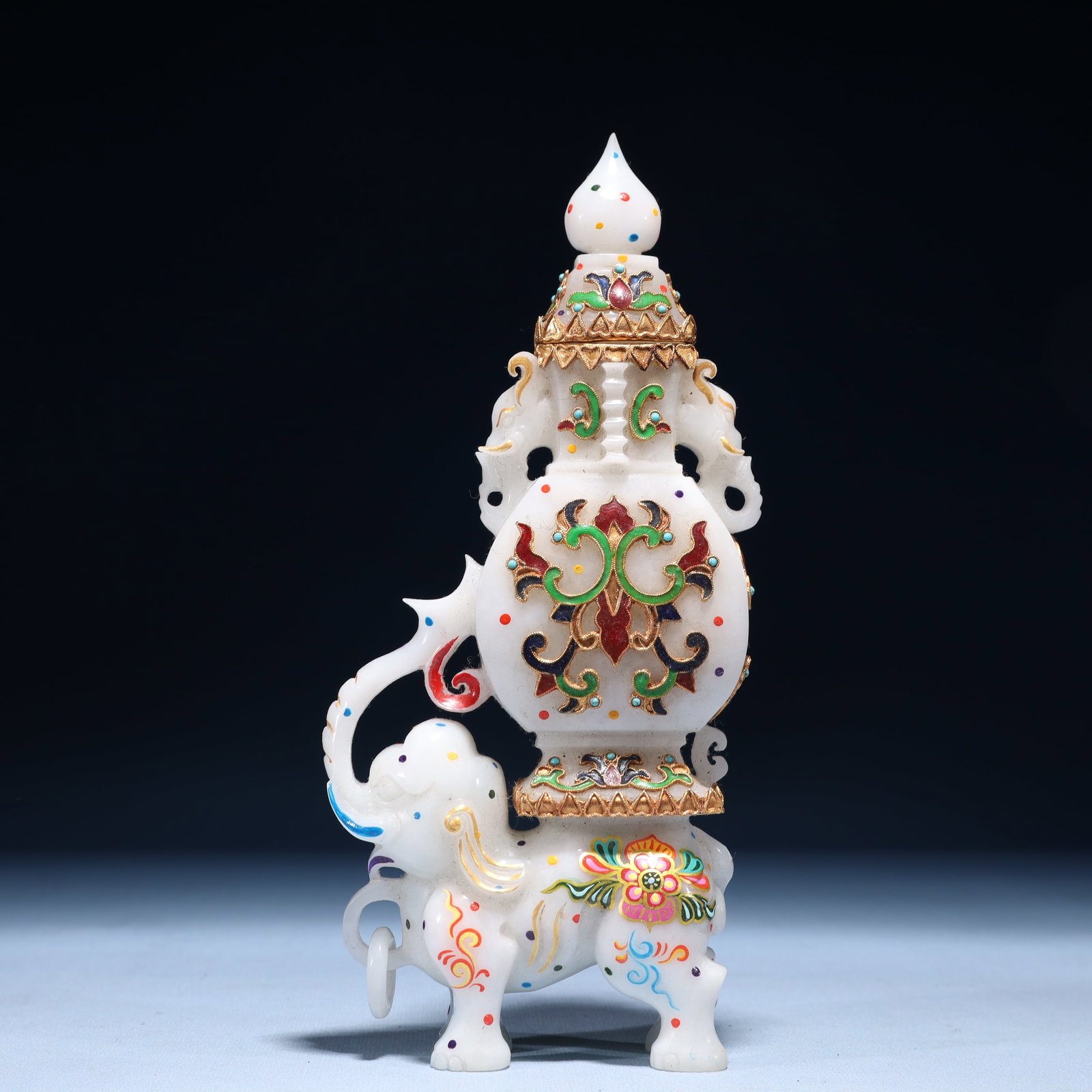 An Exquisite Cloisonne Inlaid White Jade Lotus Pattern Double-Ears Bottle: An Exquisite Cloisonne Inlaid White Jade Lotus Pattern Double-Ears Bottle,Qing Dynasty,China,Size:3.9inx1.6inx8.7in,(Box)11inx5.5inx3.9in,Weight:800g