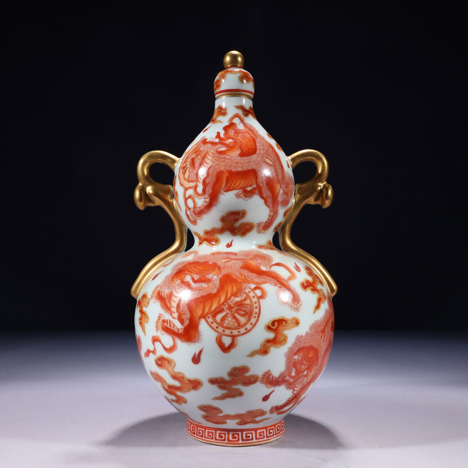 An Exquisite Iron-Red Painted Gold Lion Pattern Double-Ears Gourd-Shaped Vase (1 of 11)