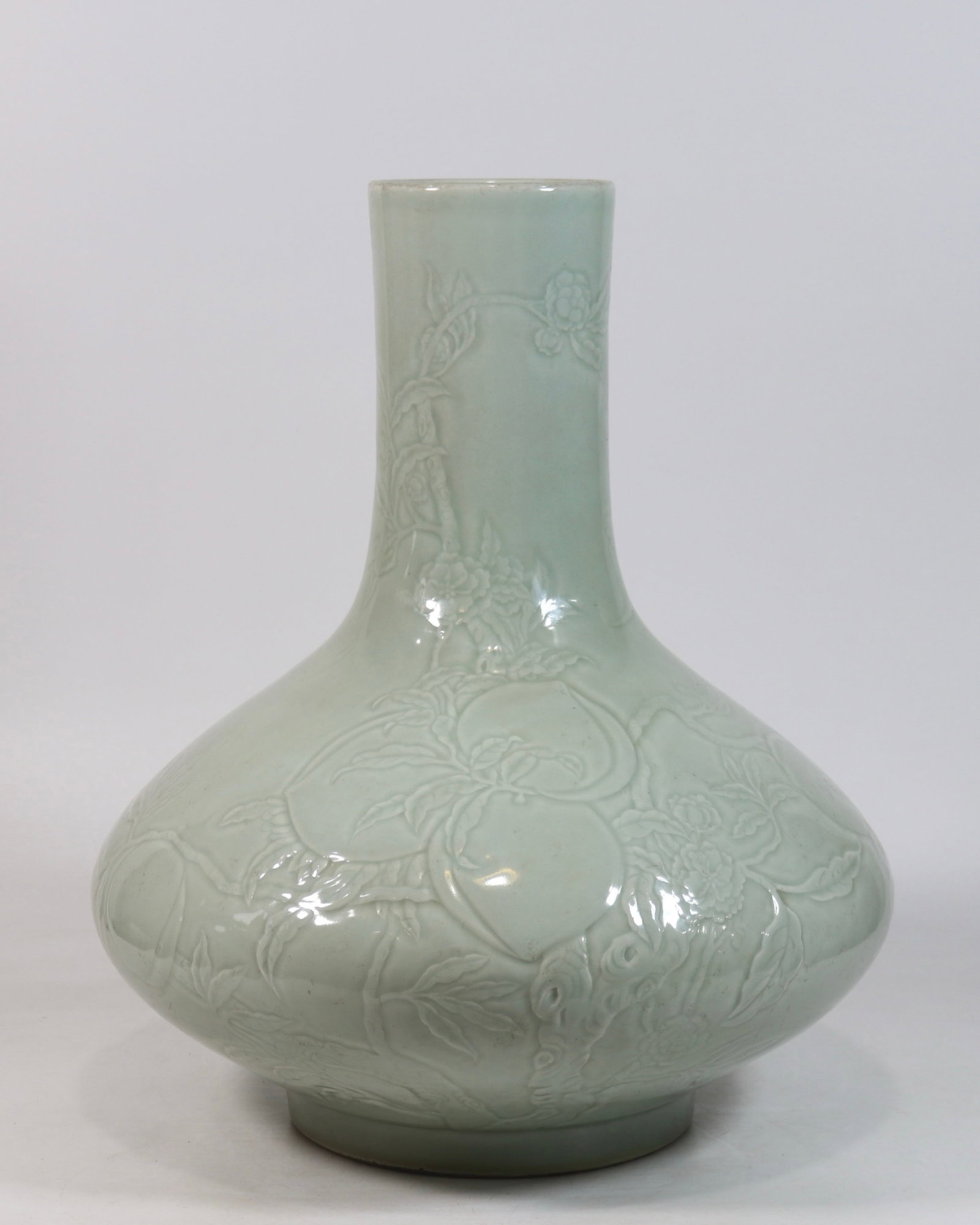 A Huge Celadon Glazed Bats and Peach Pattern Vase: A Huge Celadon Glazed Bats and Peach Pattern Vase,Qing Dynasty,China,Qianlong Six-character Mark,Size:17.4inx12.8in