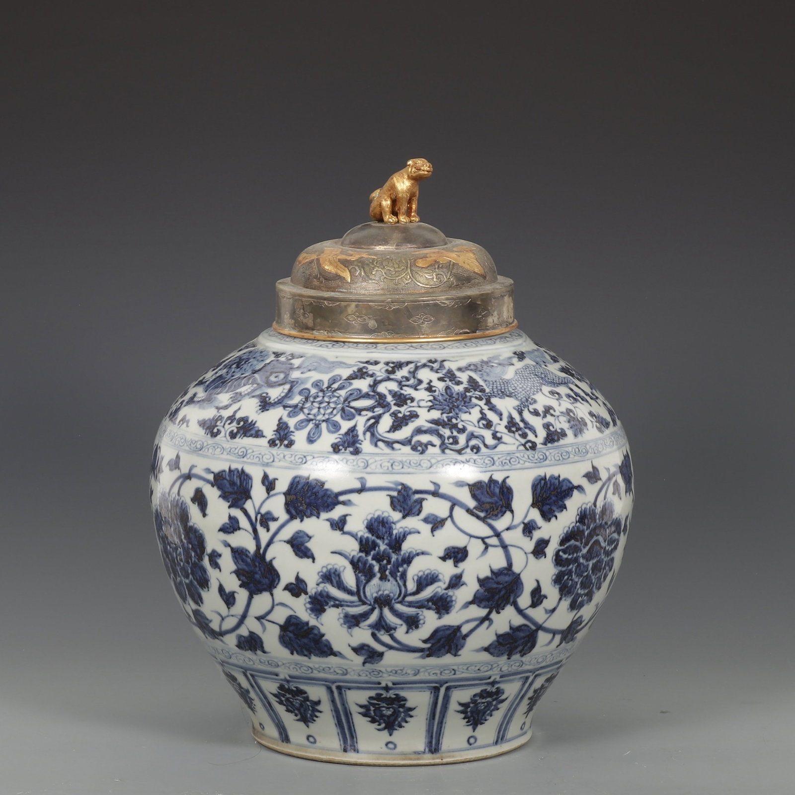 A Huge Blue and White Gilt Silver Lotus Pattern Jar with Cover: A Huge Blue and White Gilt Silver Lotus Pattern Jar with Cover,Yuan Dynasty,China,Size:16.5inx12.6in