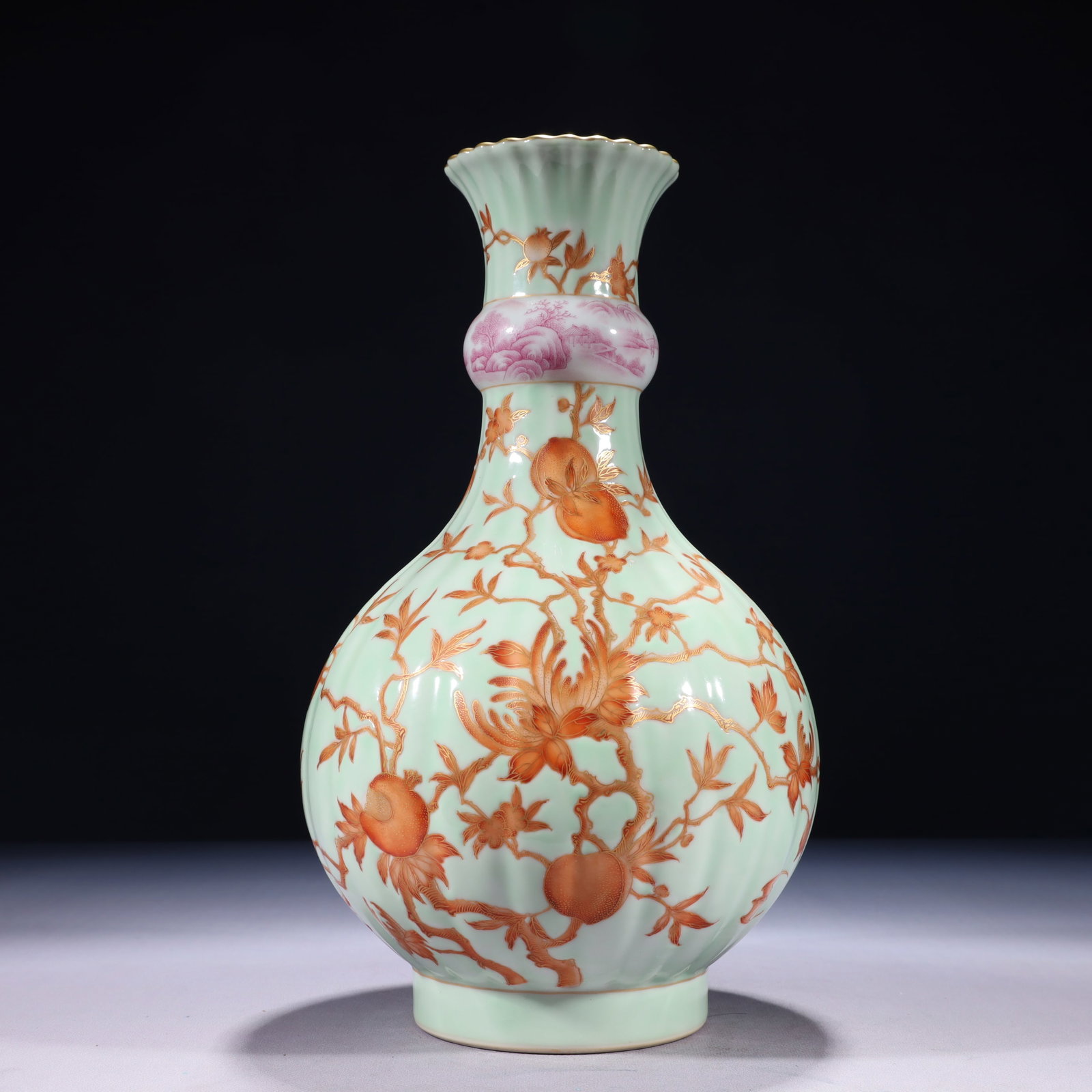 An Exquisite Celadon Glazed Iron-Red Painted Gold Pomegranate Pattern Vase: An Exquisite Celadon Glazed Iron-Red Painted Gold Pomegranate Pattern Vase