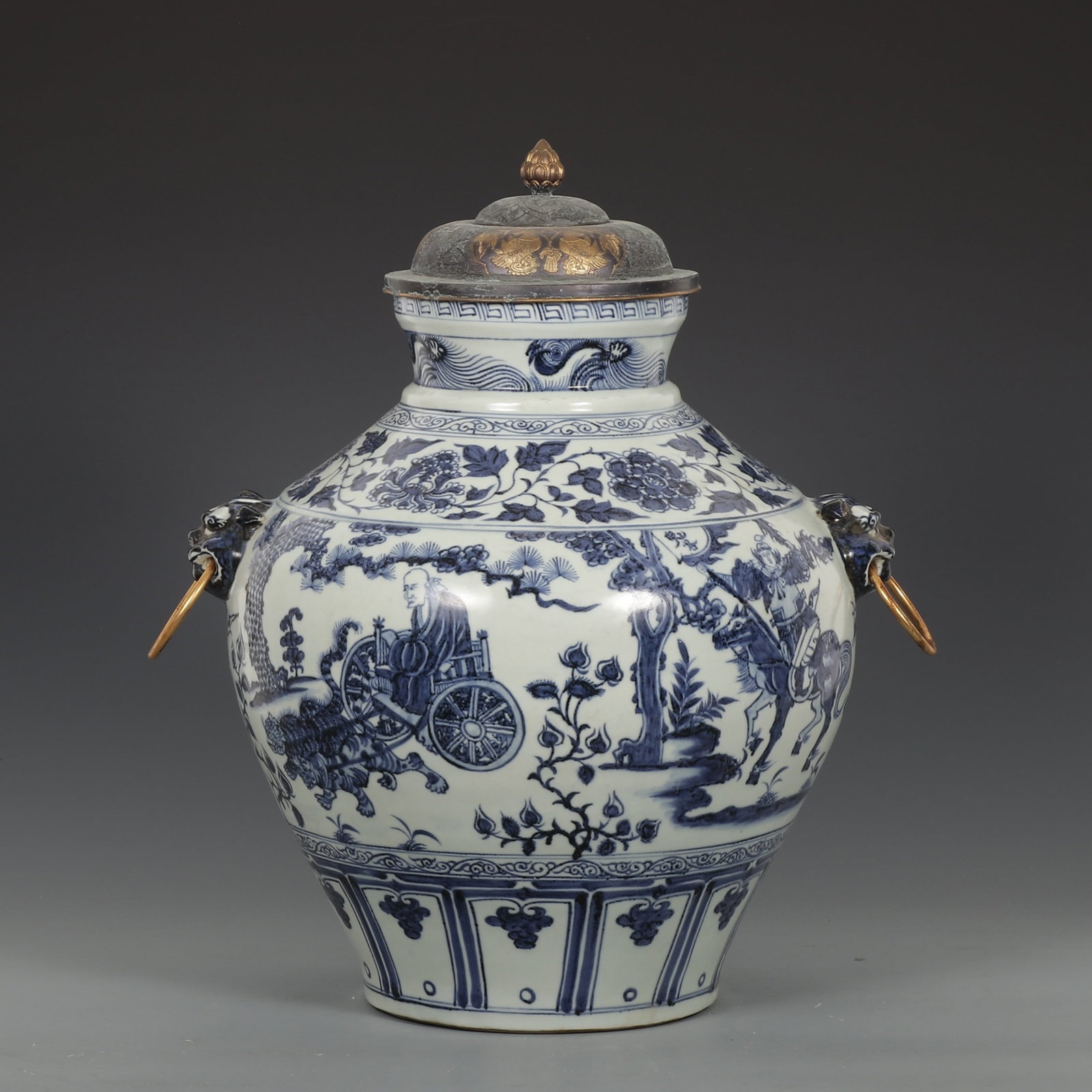 A Huge Blue and White Gilt Silver Character and Story Pattern Beast-Ears Jar with Cover: A Huge Blue and White Gilt Silver Character and Story Pattern Beast-Ears Jar with Cover,Yuan Dynasty,China,Size:19.3inx15in 青花银鎏金人物故事 