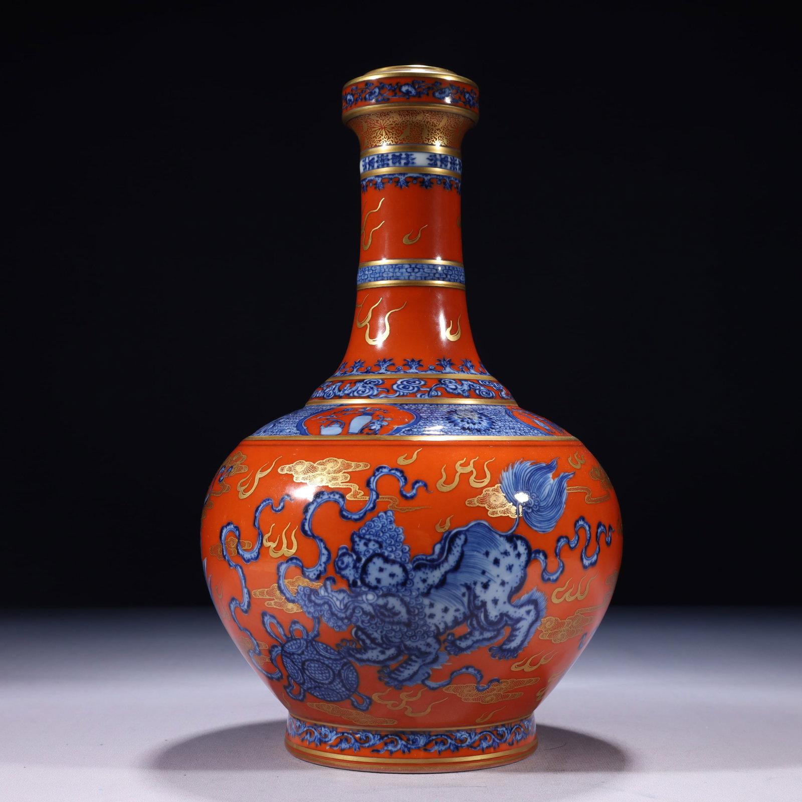 An Exquisite Red Glazed Blue and White Painted Gold Lion Pattern Vase (1 of 11)