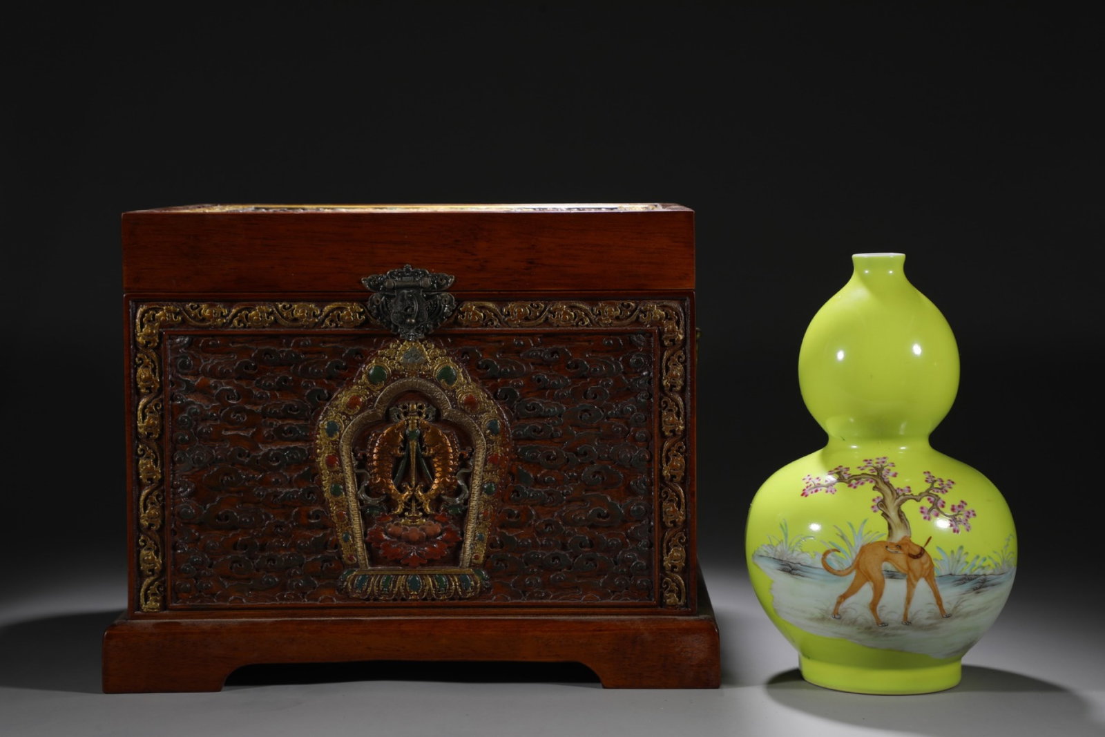 An Exquisite Yellow Ground Famille-Rose Dog Pattern Gourd-Shaped Vase,With Scriptures: An Exquisite Yellow Ground Famille-Rose Dog Pattern Gourd-Shaped Vase,With Scriptures,Qing Dynasty,China,Qianlong Six-character Mark