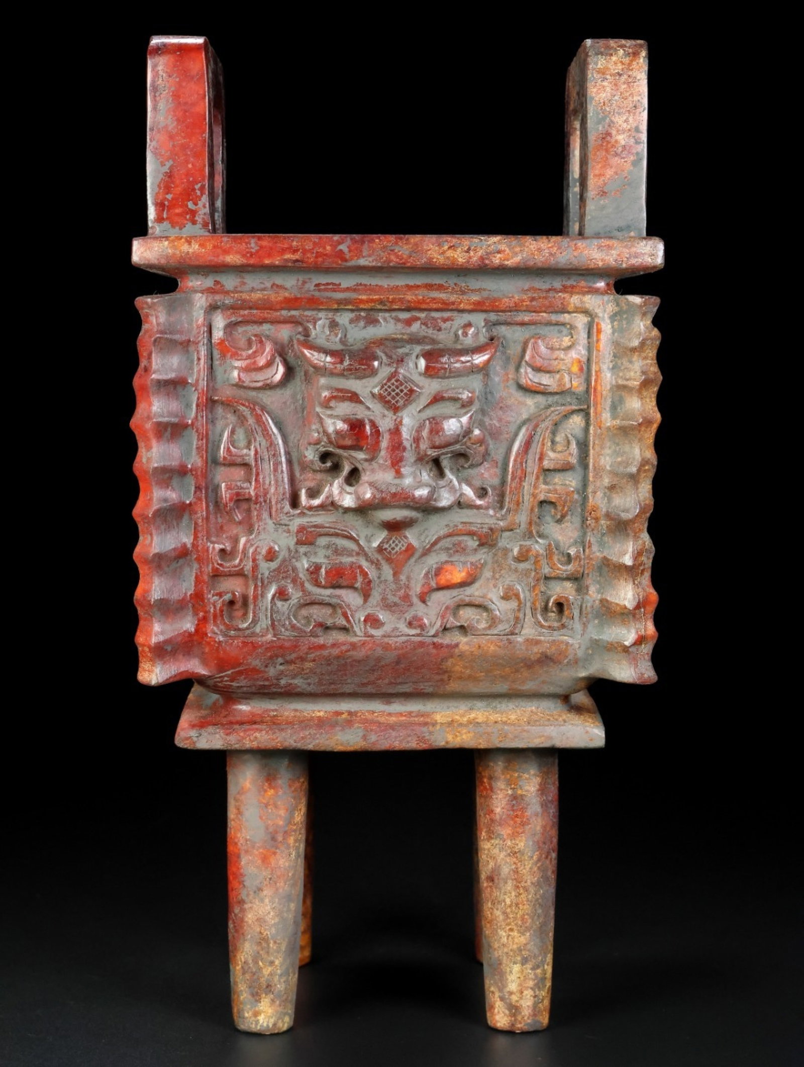 An Exquisite Archaic Jade Beast-Face Pattern Double-Ears Censer: An Exquisite Archaic Jade Beast-Face Pattern Double-Ears Censer,Ancient Time,China,Size:8.9inx4.7inx4.2in,Weight:2030g